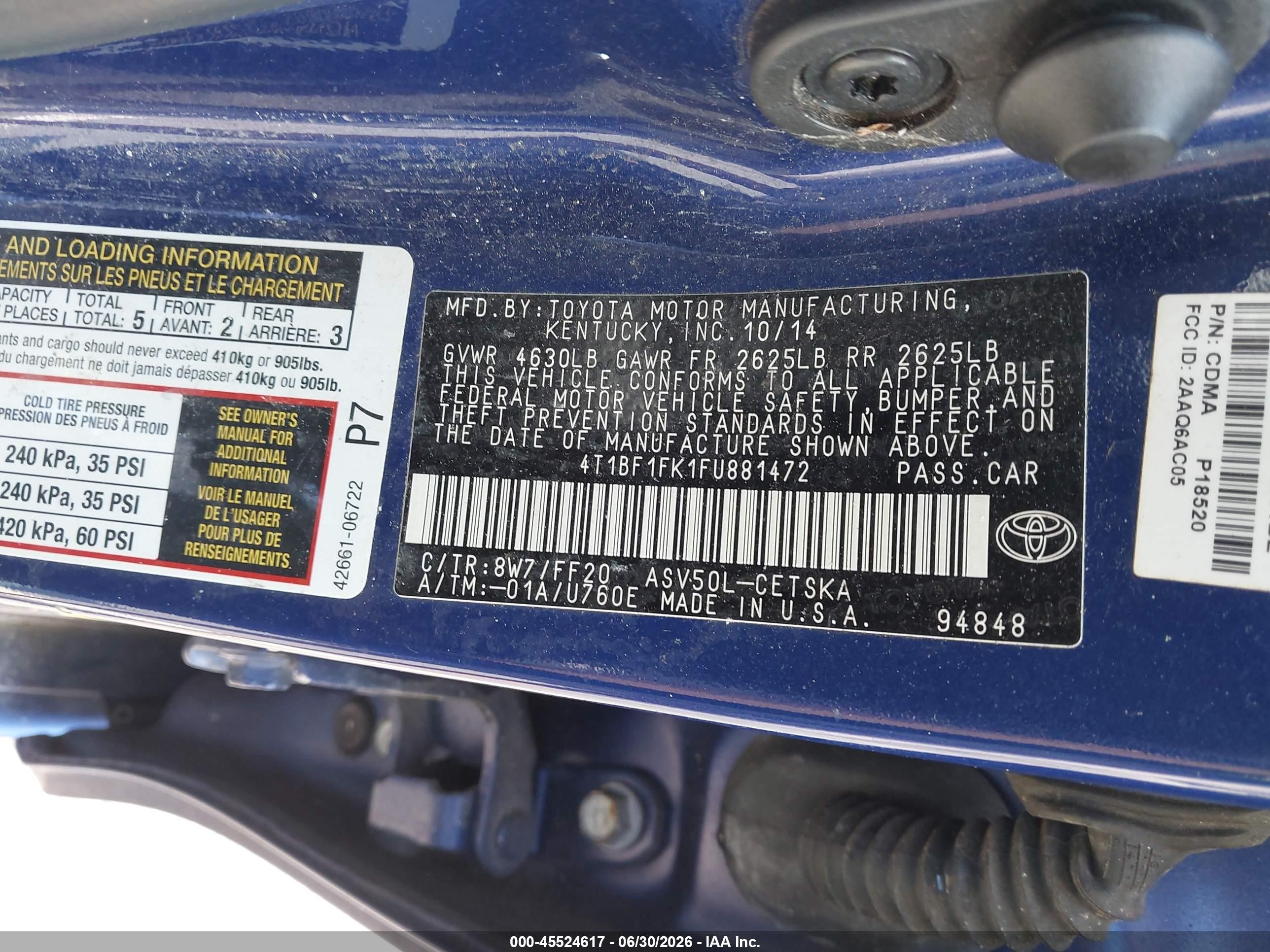 2015 Toyota Camry Se Blue vin: 4T1BF1FK1FU881472