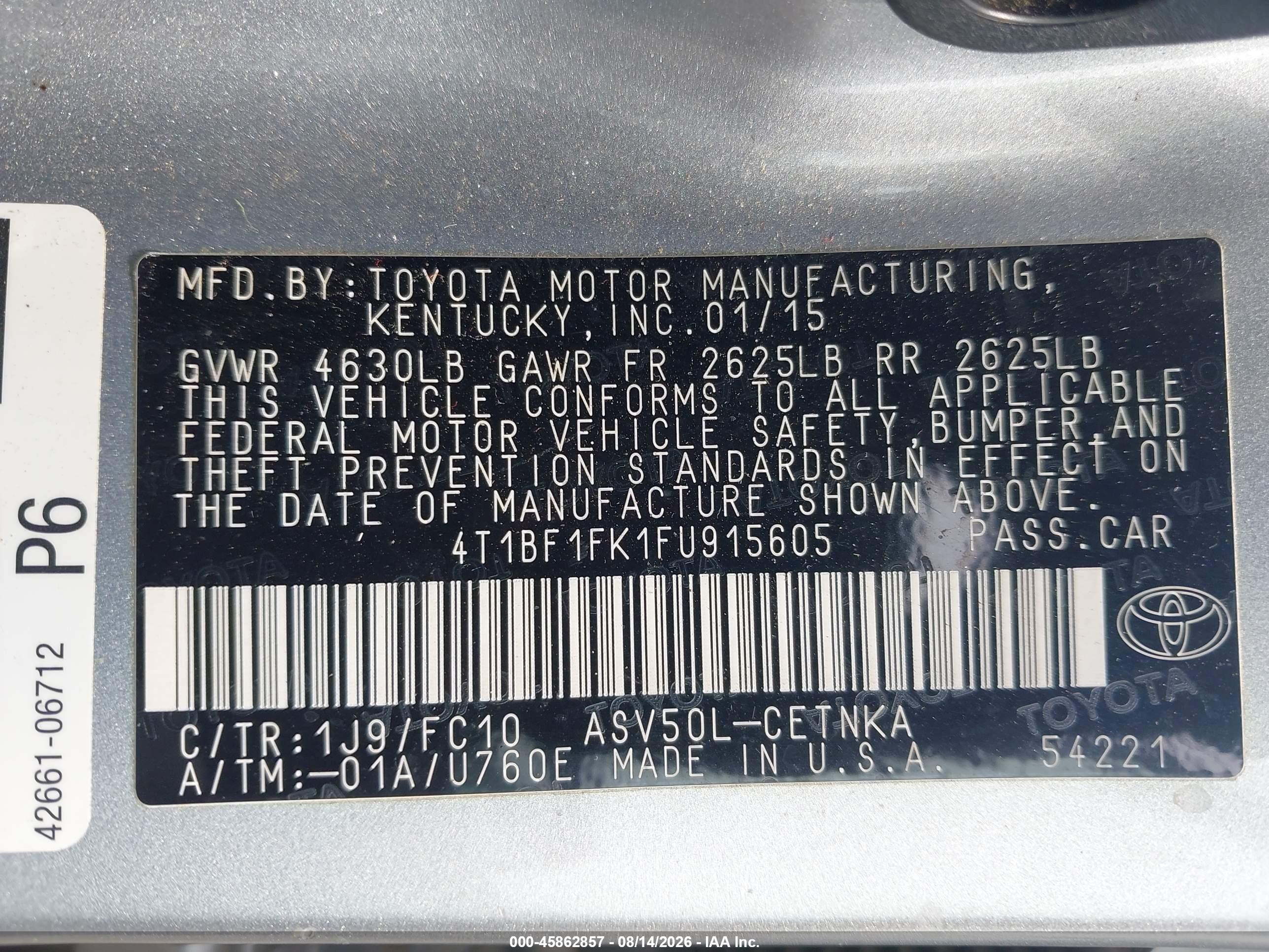2015 Toyota Camry Le Silver vin: 4T1BF1FK1FU915605