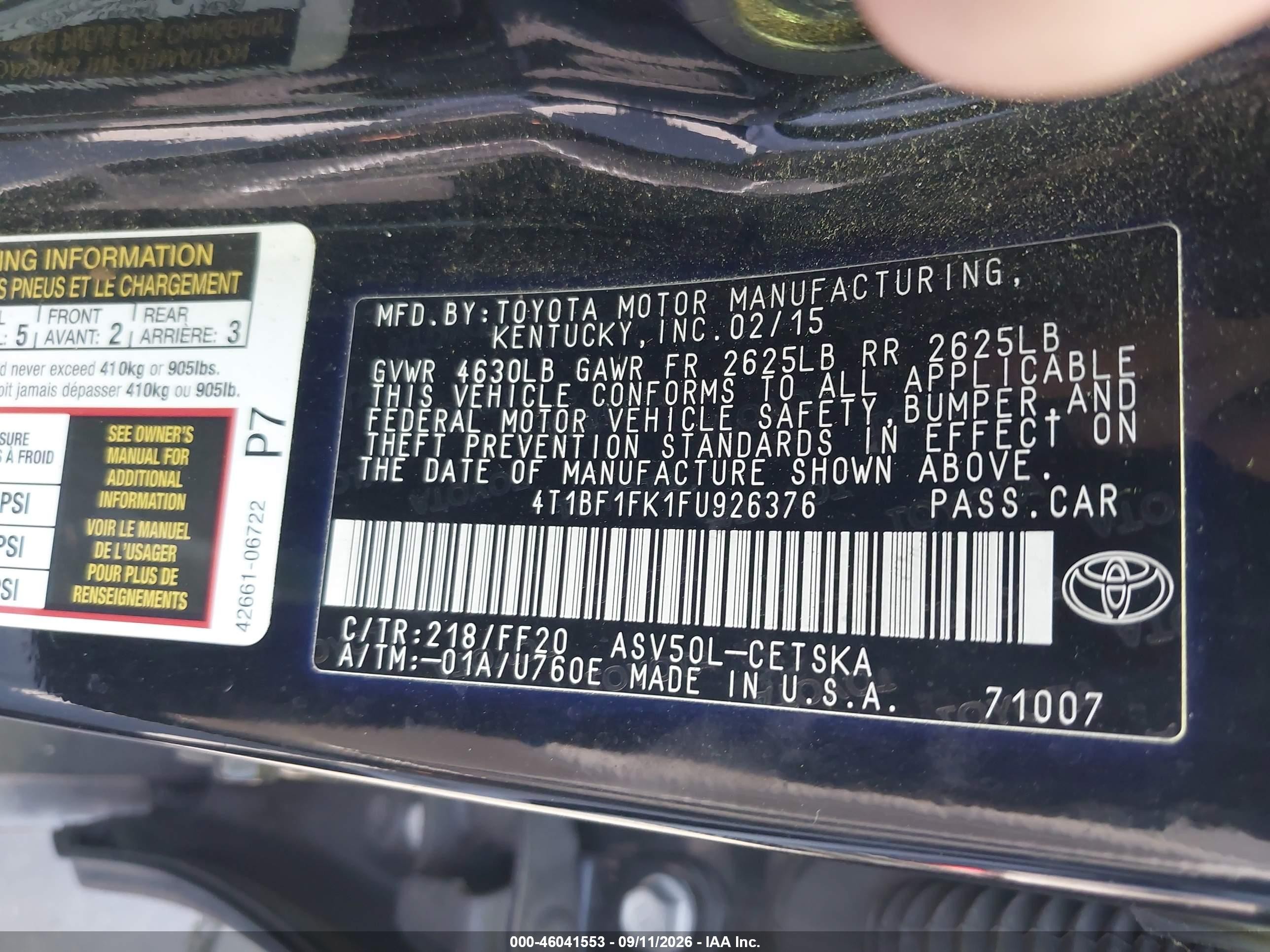 2015 Toyota Camry Se Black vin: 4T1BF1FK1FU926376