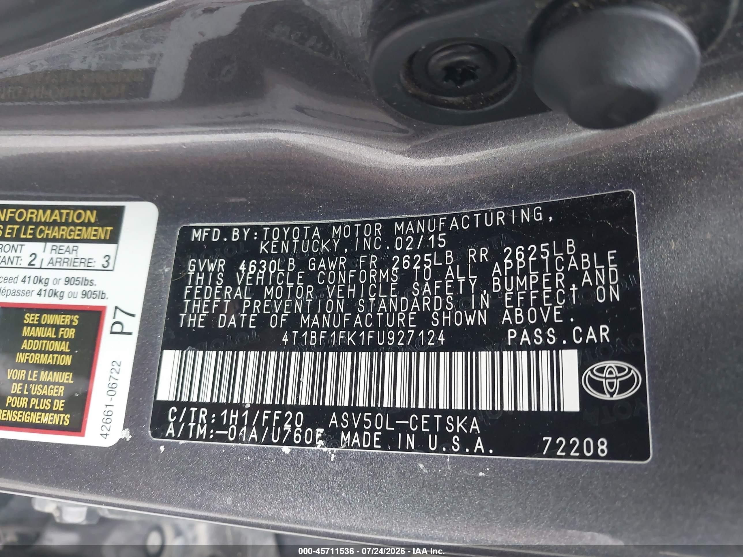 2015 Toyota Camry Se Gray vin: 4T1BF1FK1FU927124
