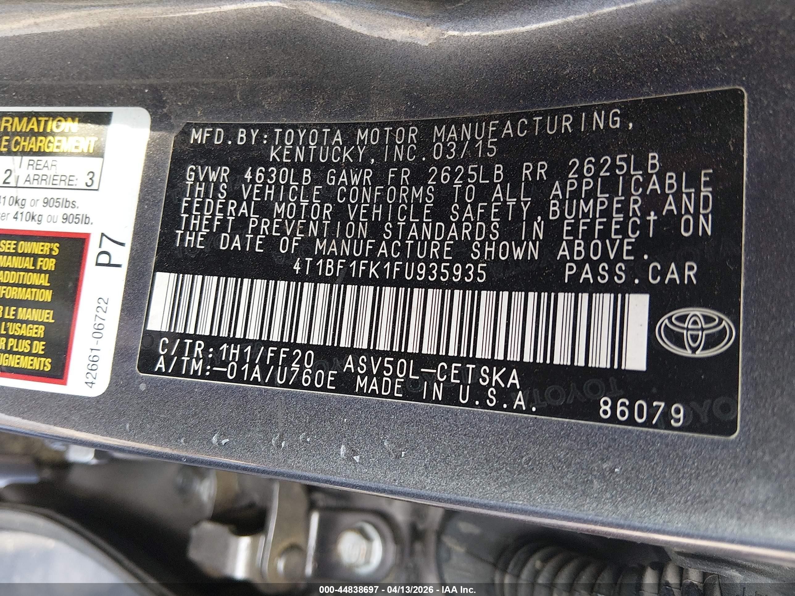 2015 Toyota Camry Se Серый vin: 4T1BF1FK1FU935935