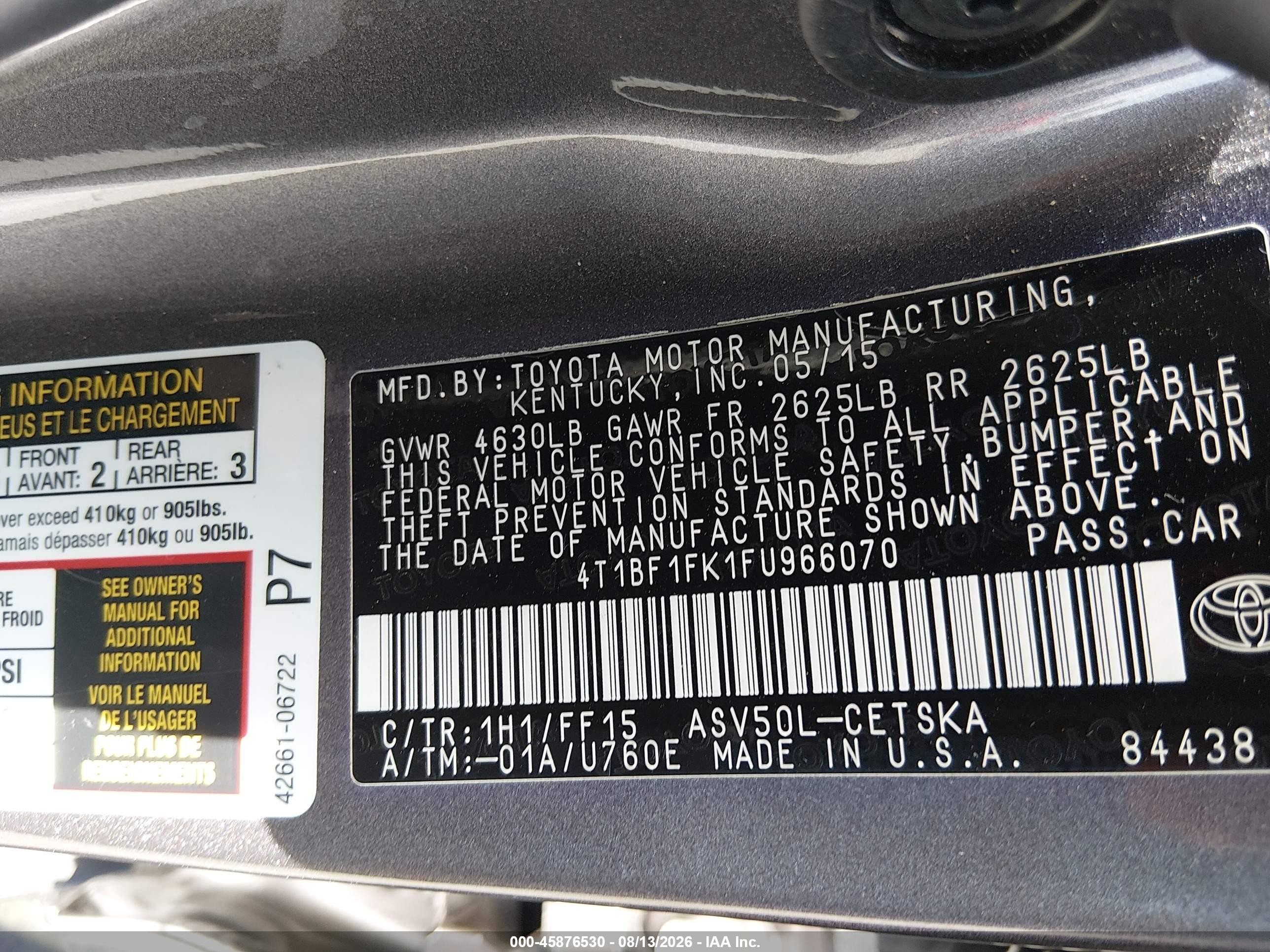 2015 Toyota Camry Se Gray vin: 4T1BF1FK1FU966070