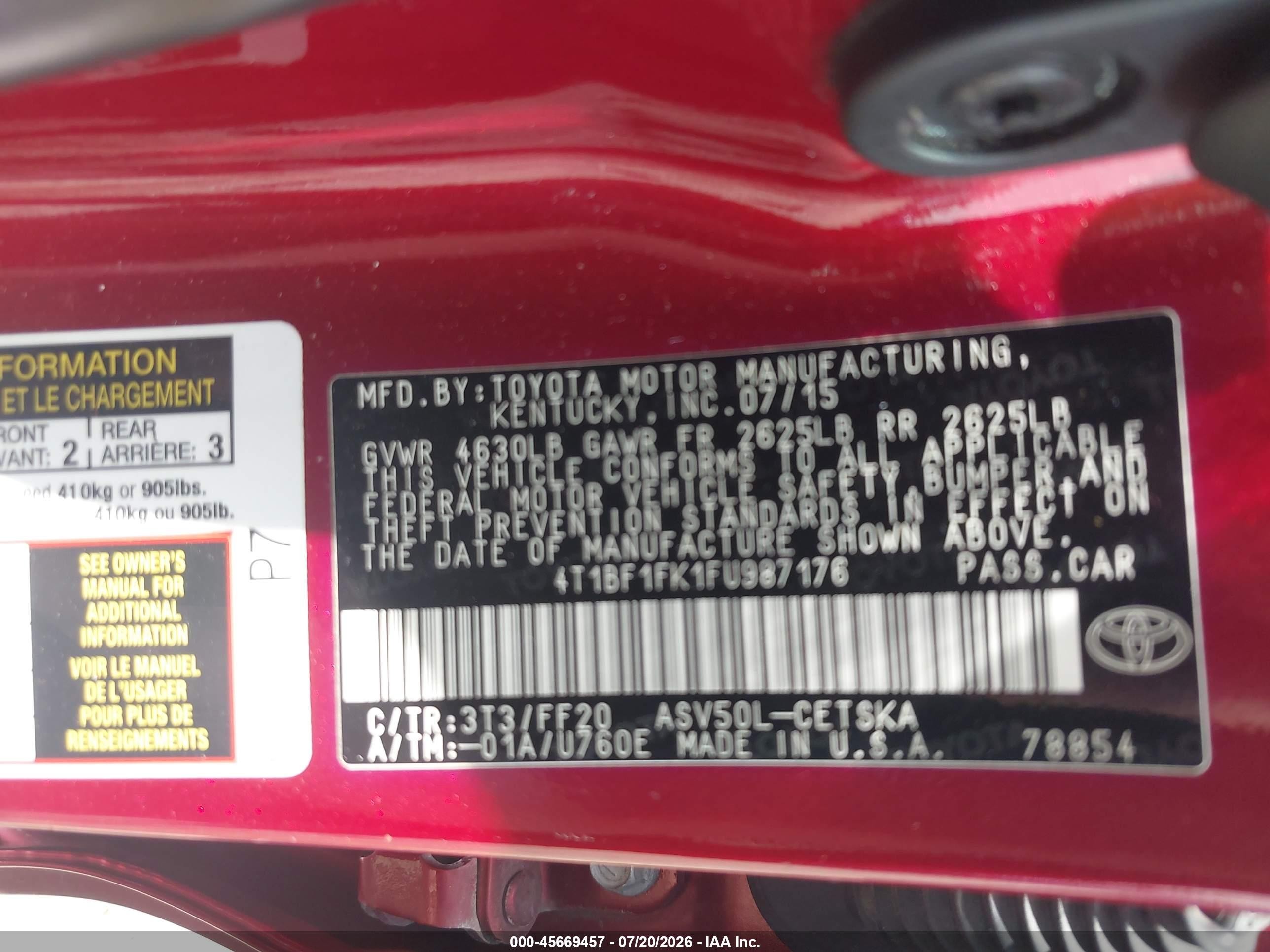 2015 Toyota Camry Se Red vin: 4T1BF1FK1FU987176