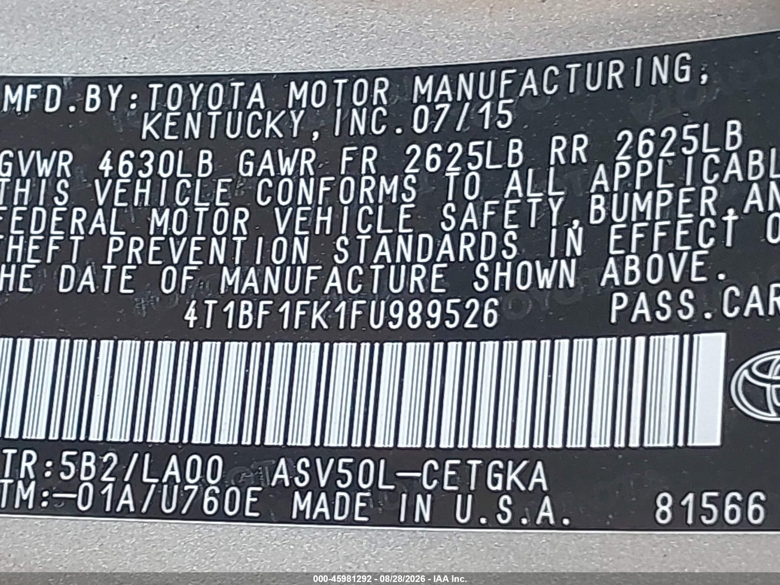2015 Toyota Camry Xle Silver vin: 4T1BF1FK1FU989526