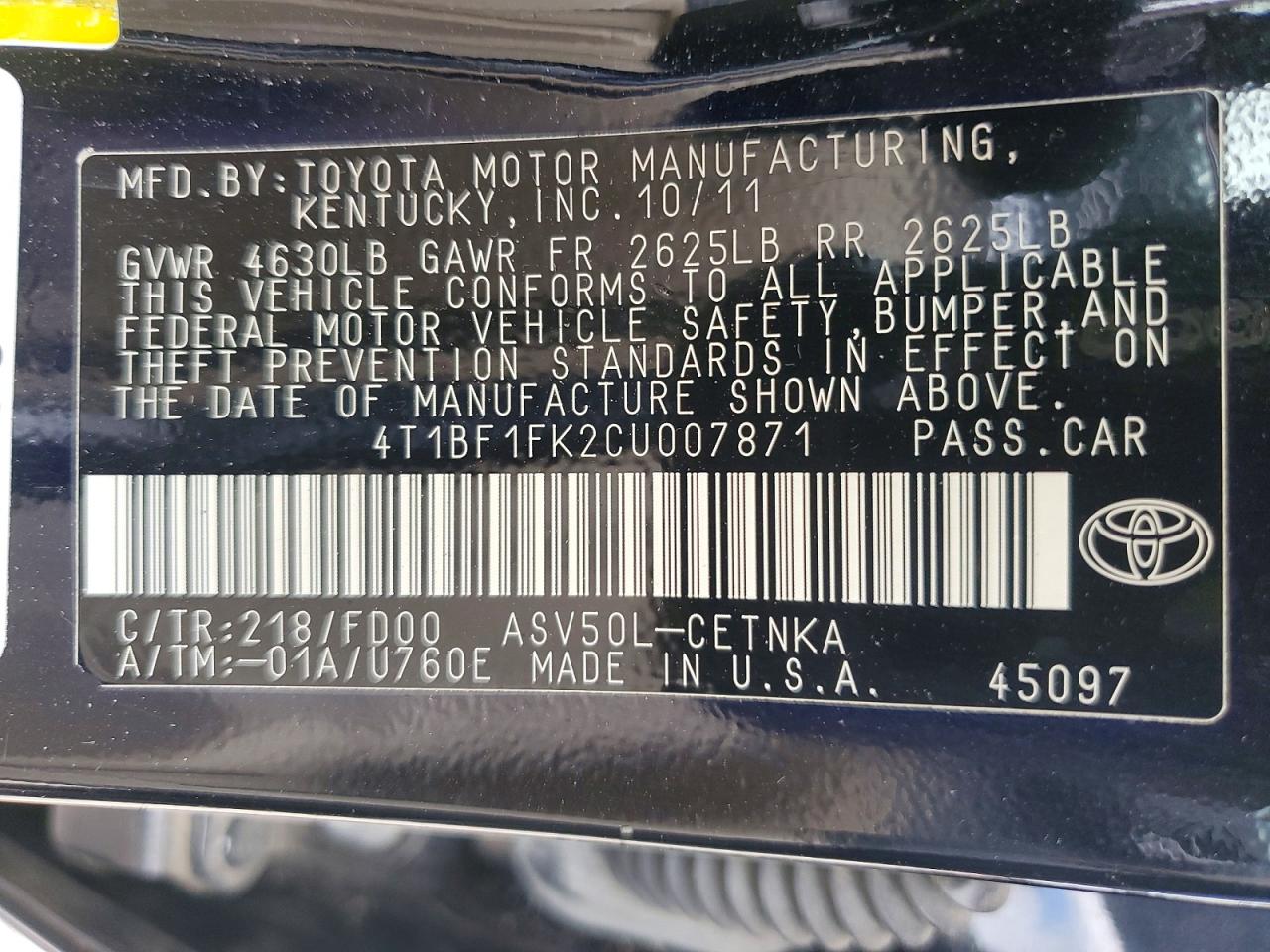 2012 Toyota Camry Le Black vin: 4T1BF1FK2CU007871