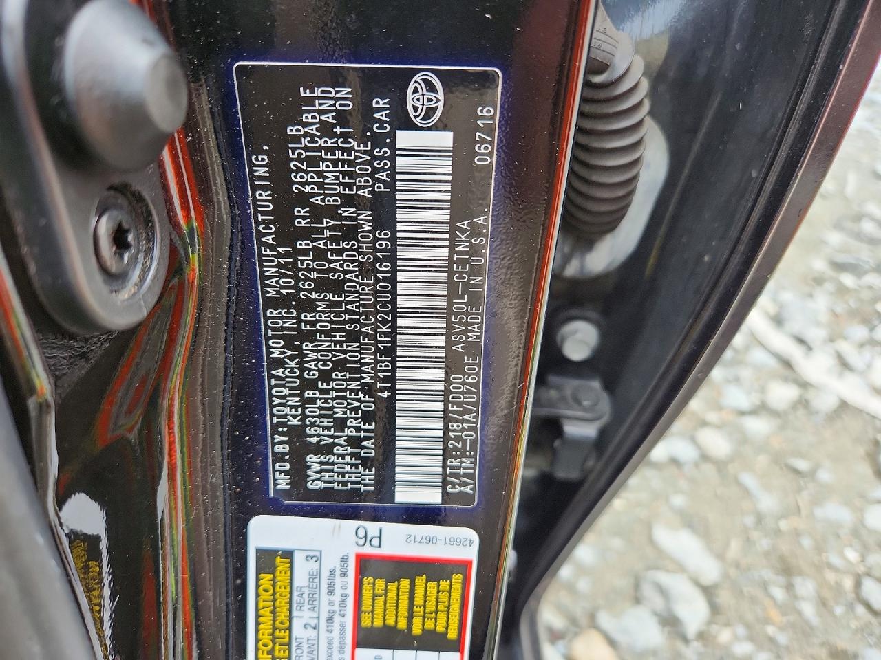 2012 Toyota Camry Black vin: 4T1BF1FK2CU016196