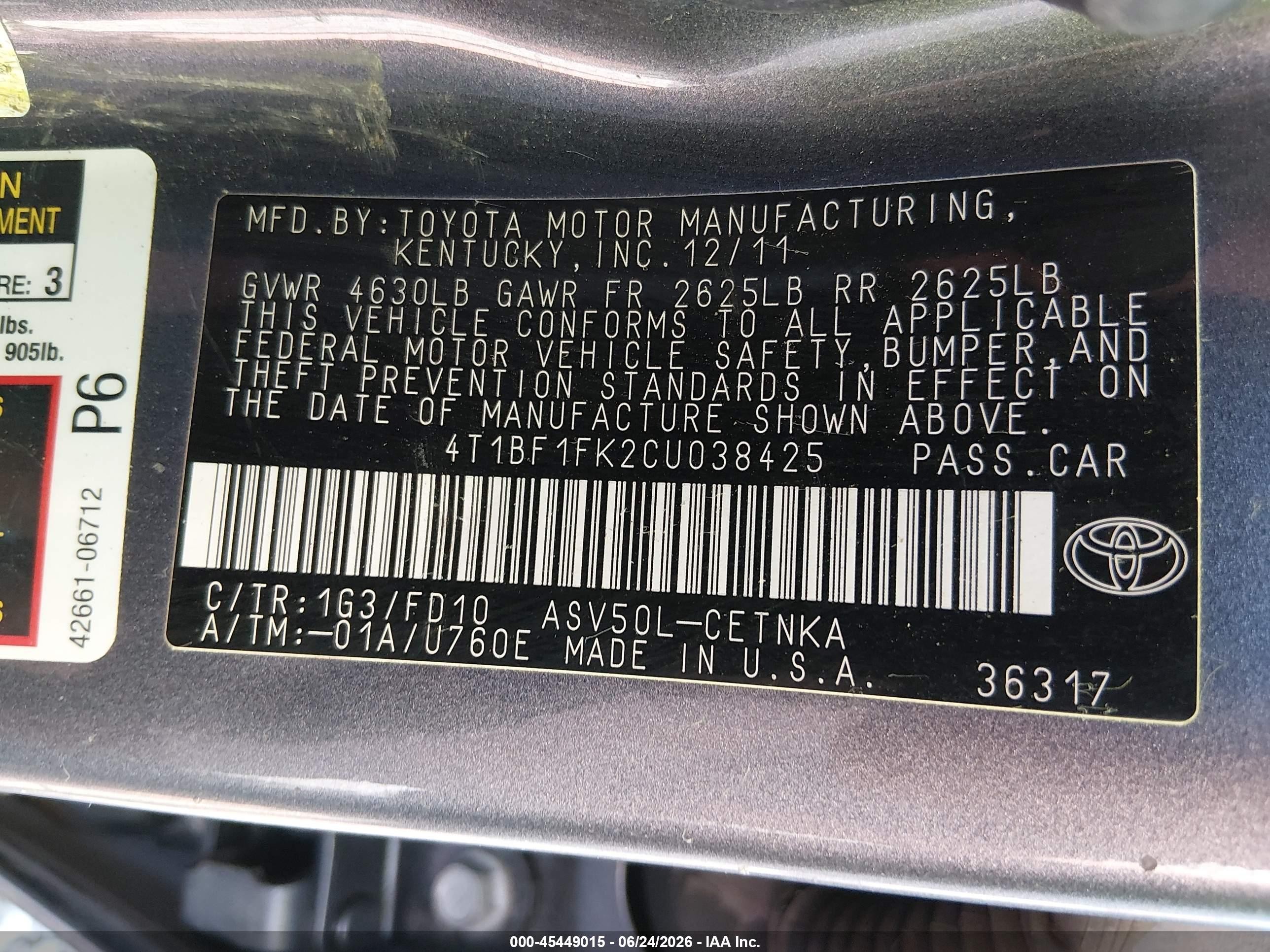 2012 Toyota Camry Le Gray vin: 4T1BF1FK2CU038425