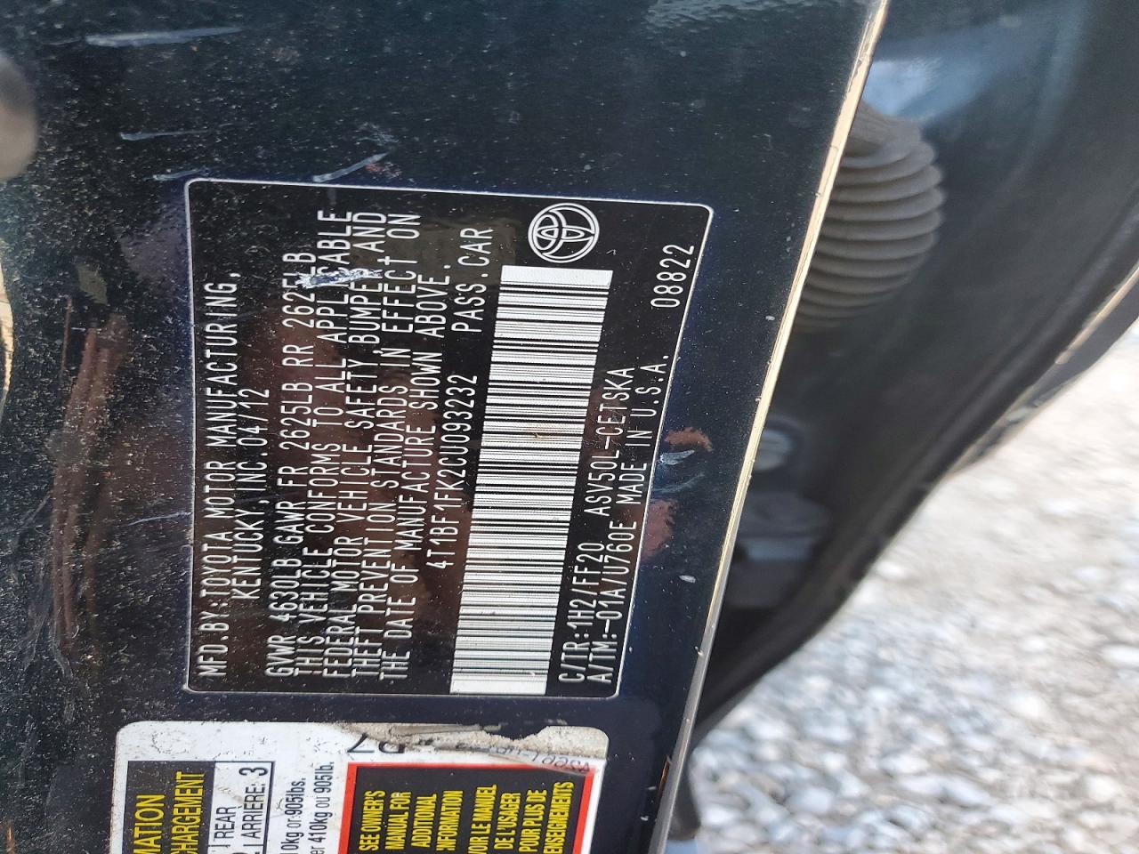 2012 Toyota Camry Se Black vin: 4T1BF1FK2CU093232