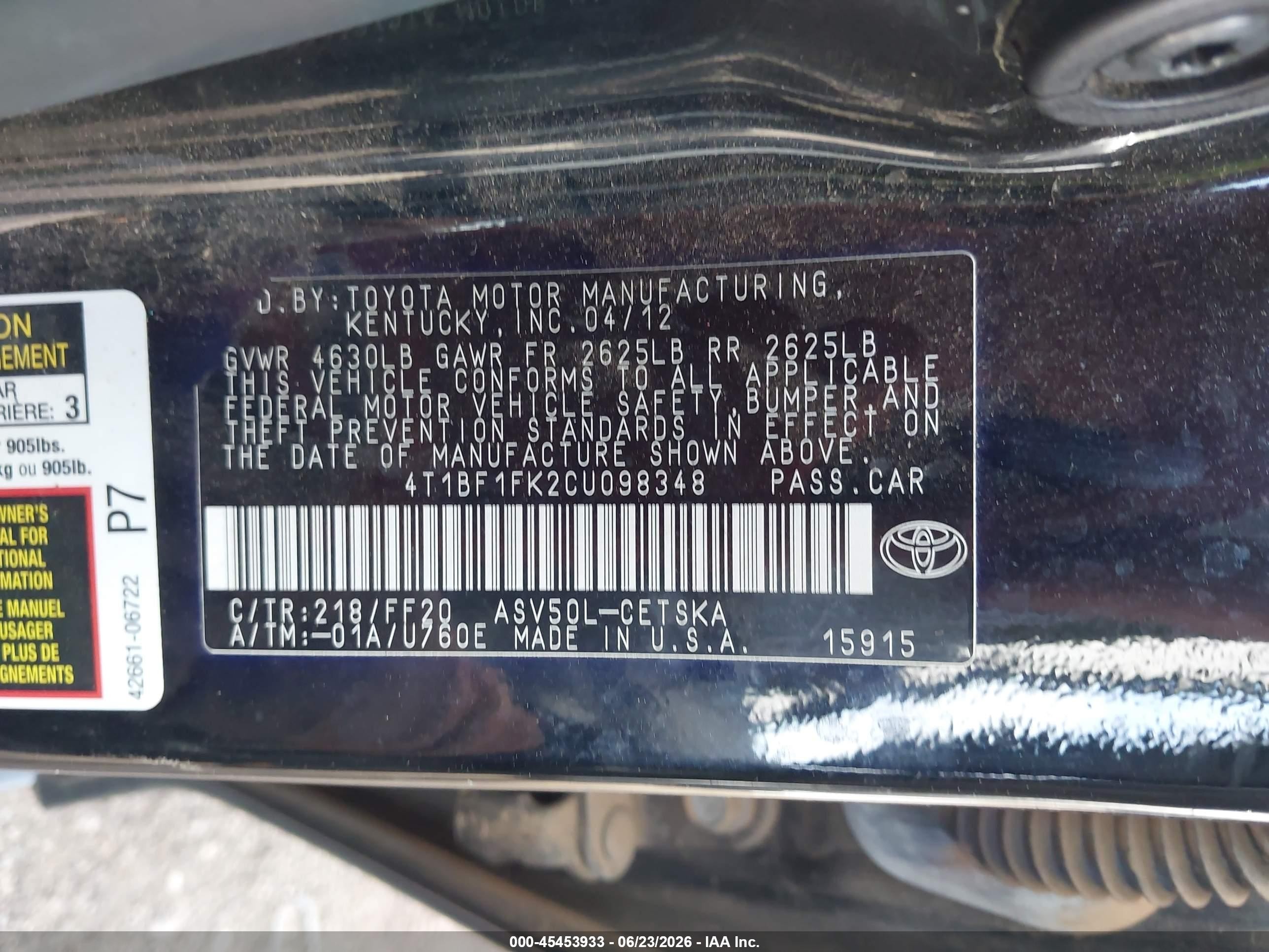 2012 Toyota Camry Se Black vin: 4T1BF1FK2CU098348
