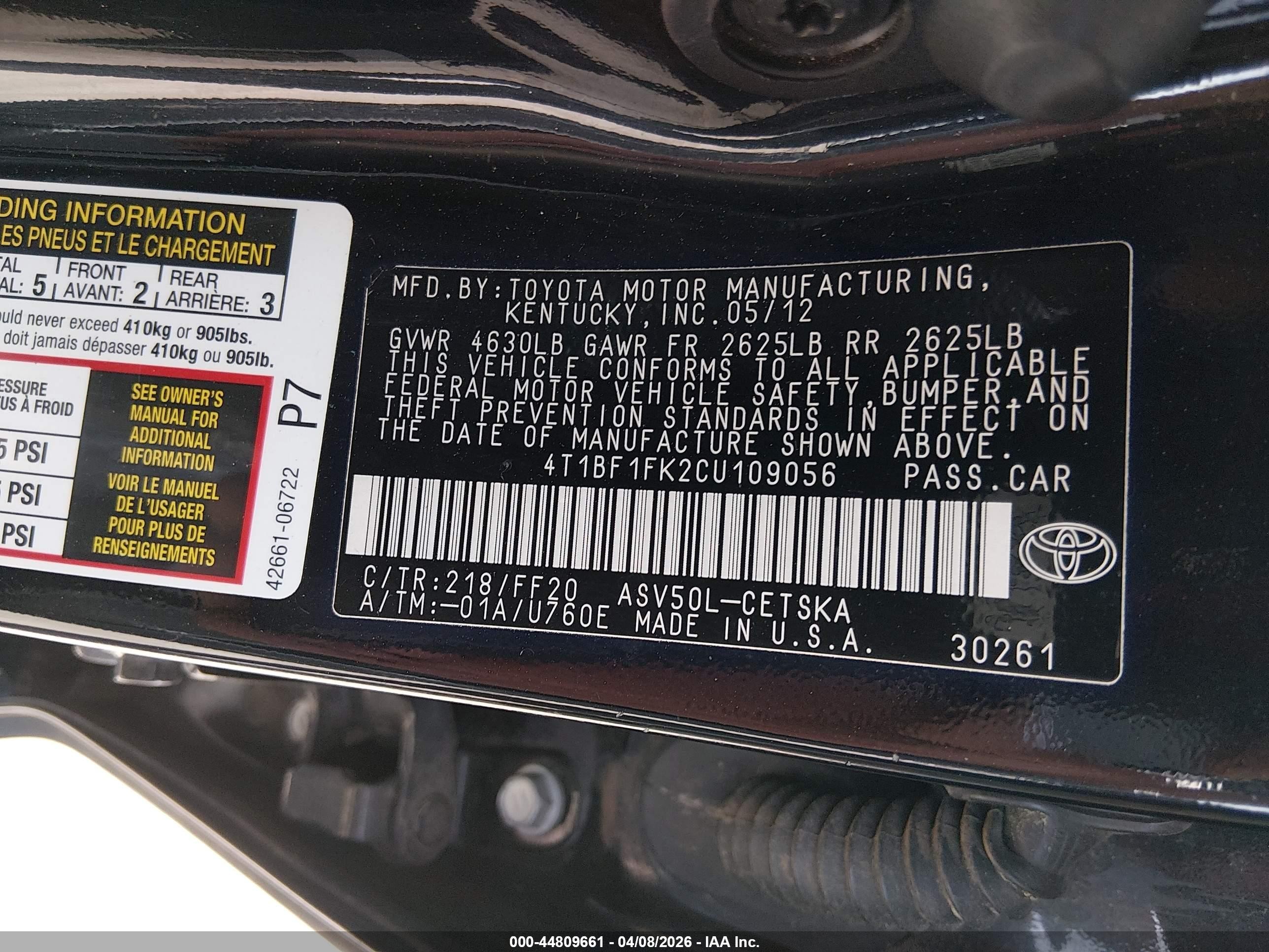 2012 Toyota Camry Se Black vin: 4T1BF1FK2CU109056