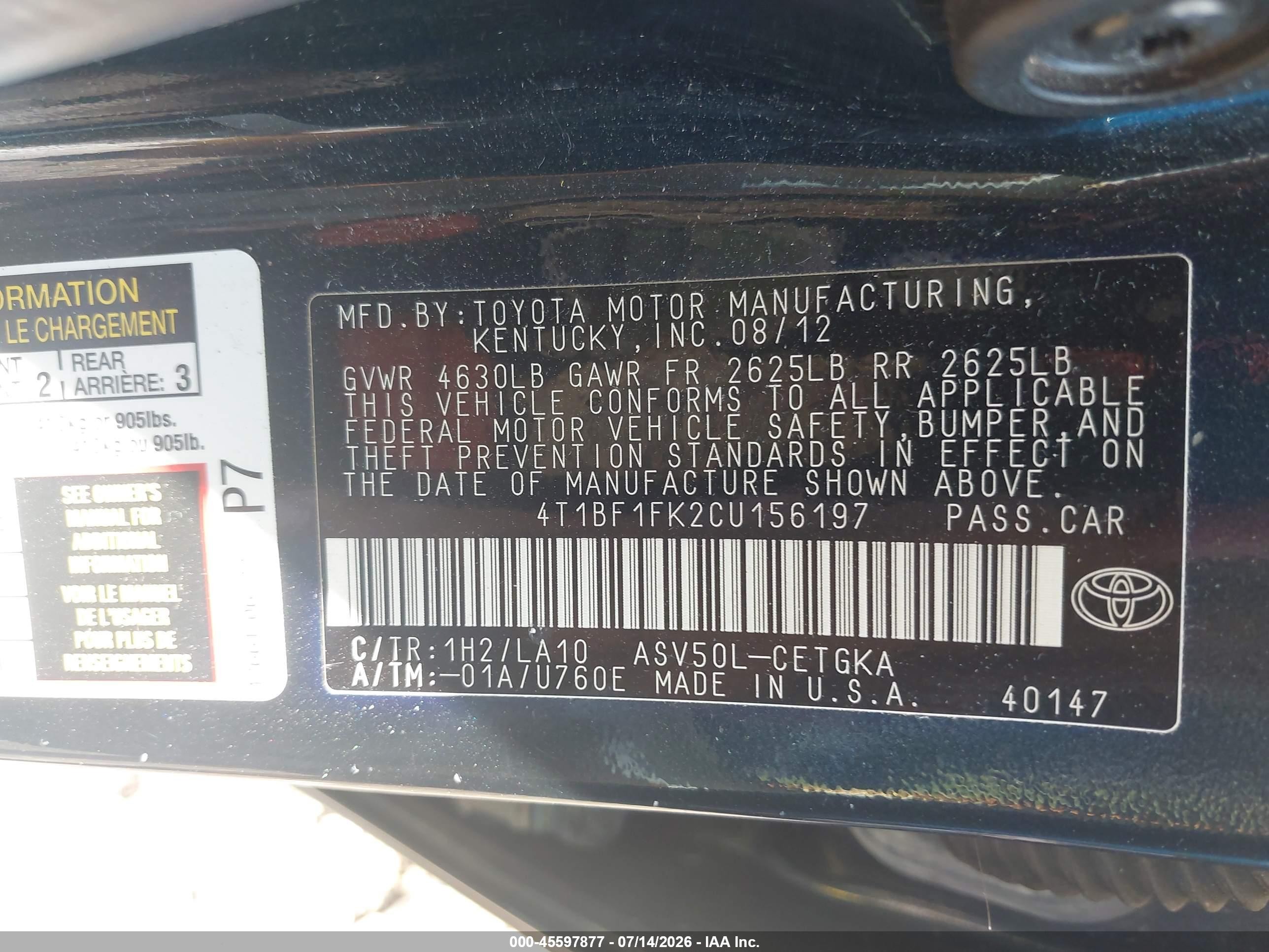 2012 Toyota Camry Xle Black vin: 4T1BF1FK2CU156197