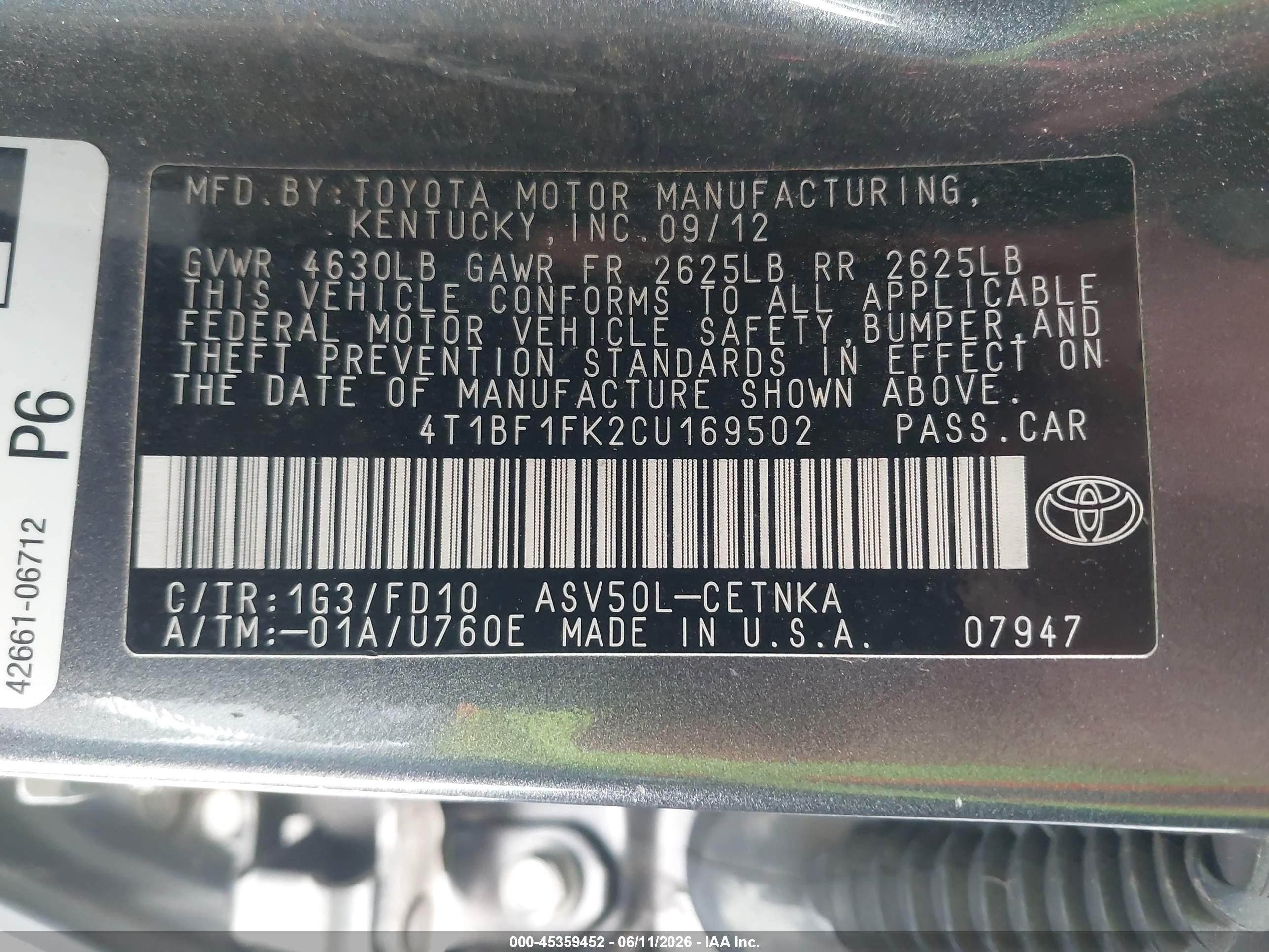 2012 Toyota Camry Le Gray vin: 4T1BF1FK2CU169502