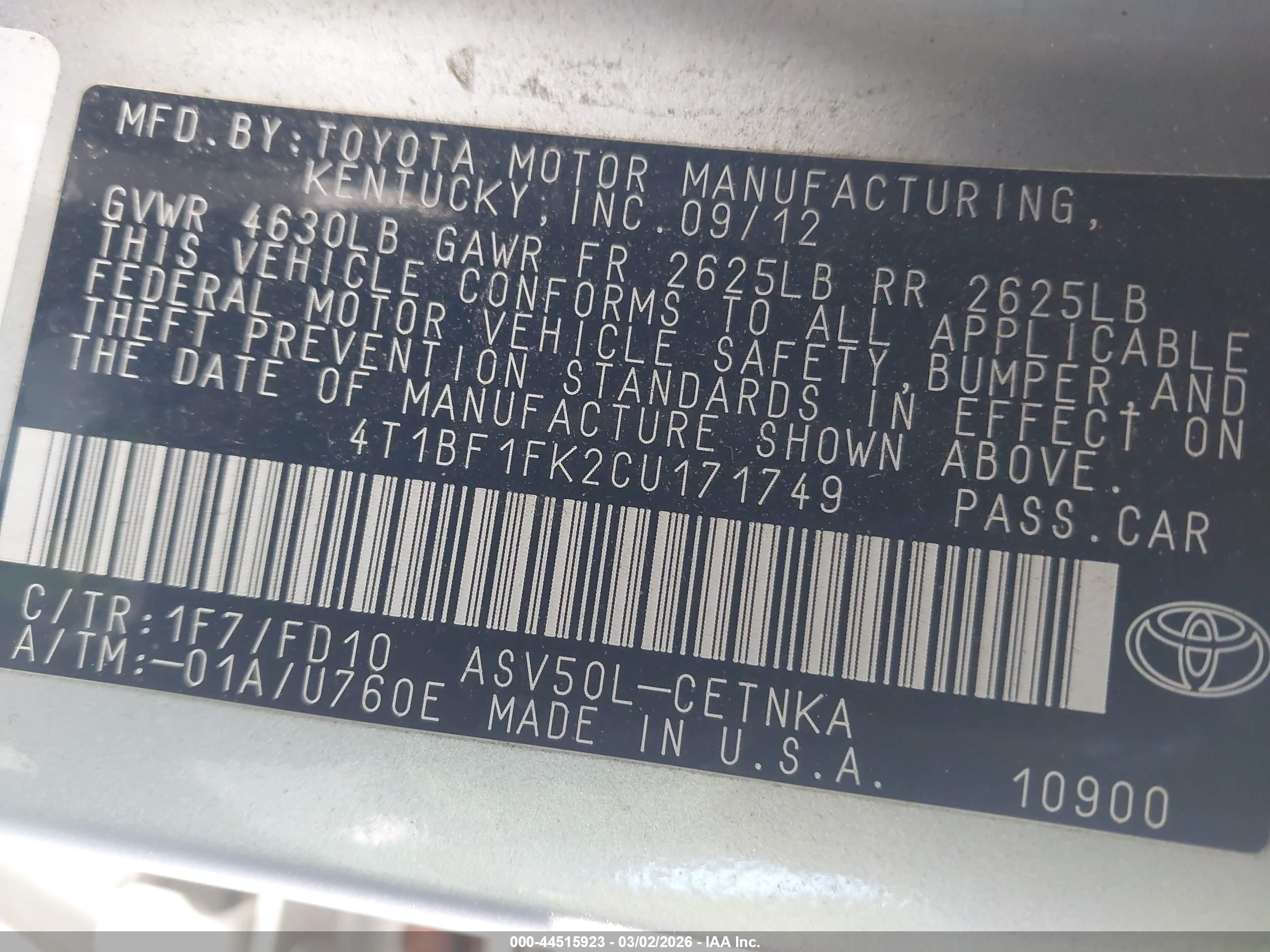 2012 Toyota Camry Le Silver vin: 4T1BF1FK2CU171749