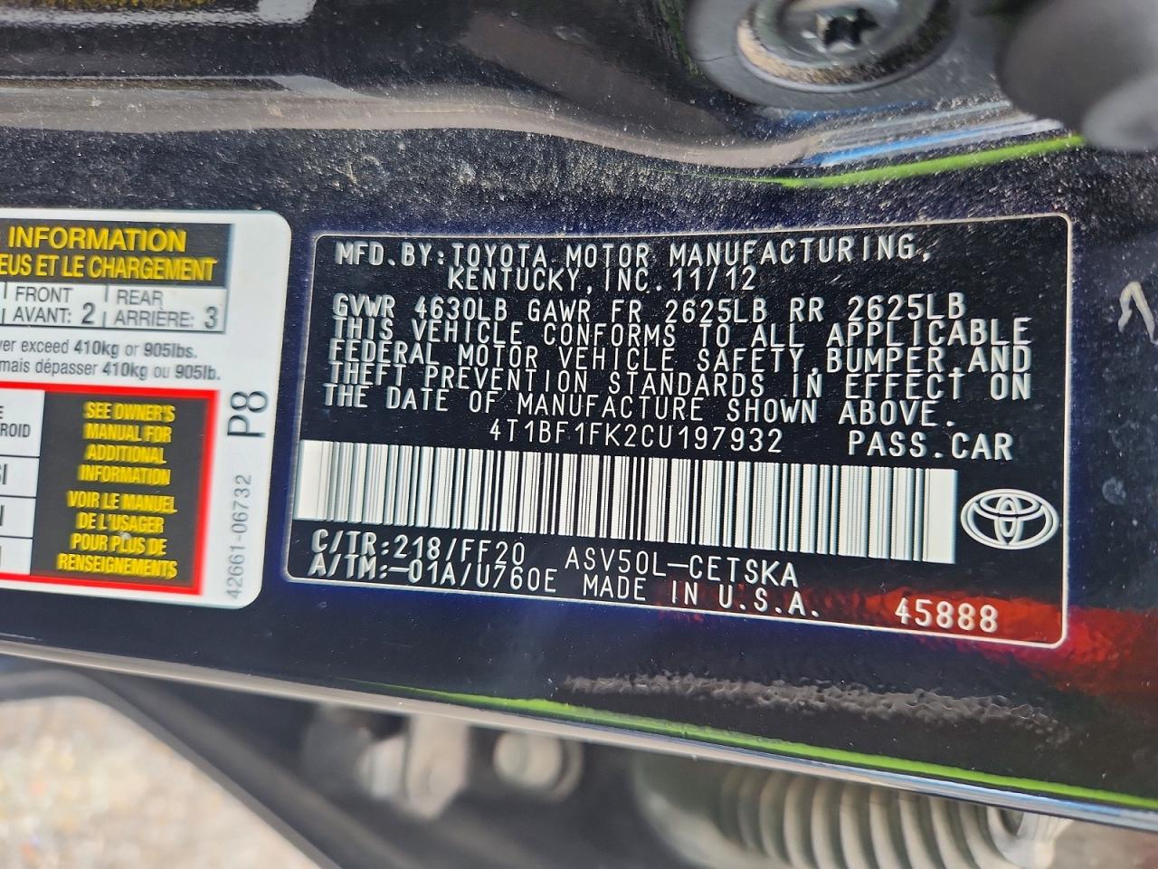 2012 Toyota Camry Se Sport Limited Edition Black vin: 4T1BF1FK2CU197932