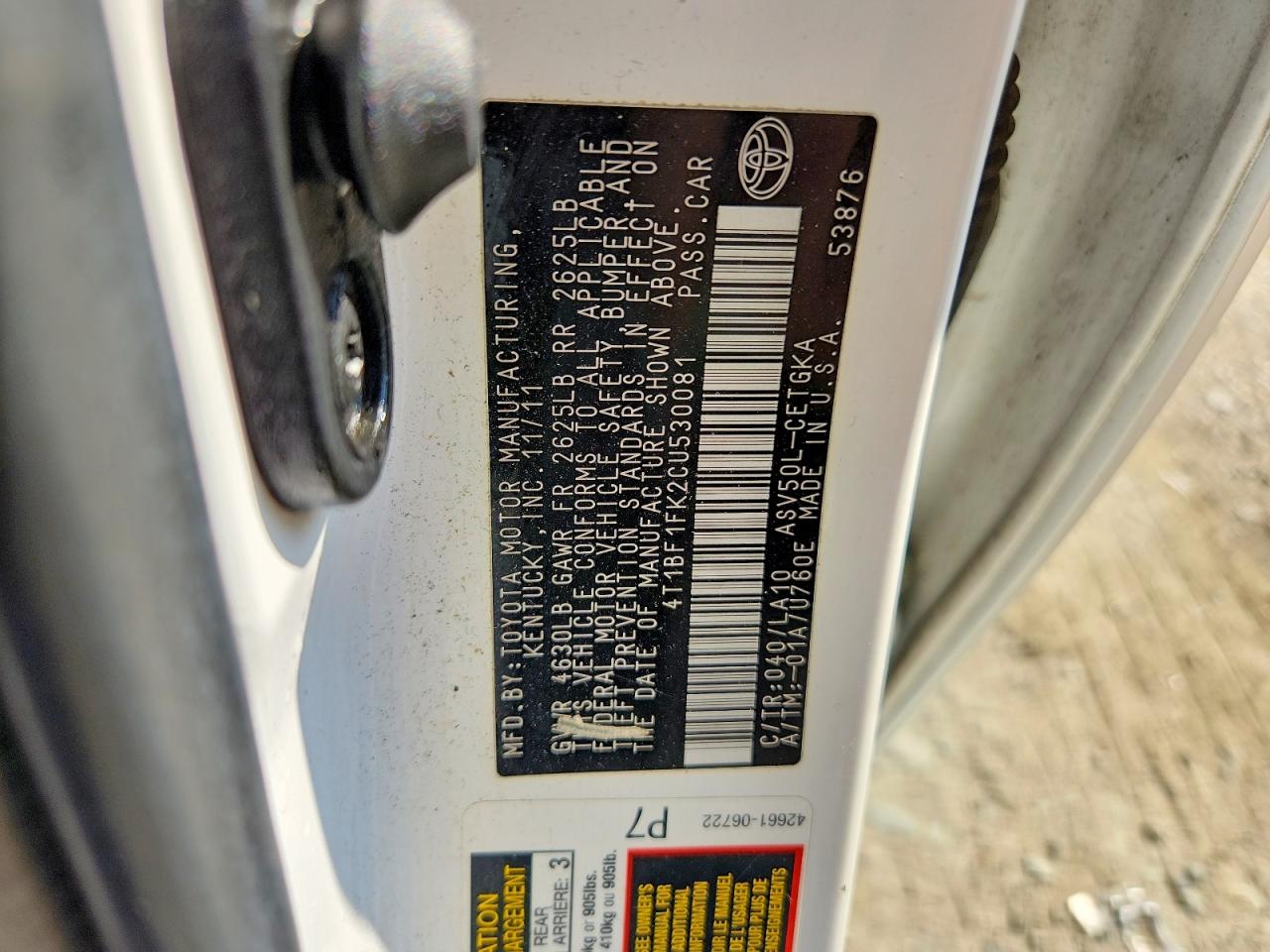 2012 Toyota Camry Xle White vin: 4T1BF1FK2CU530081