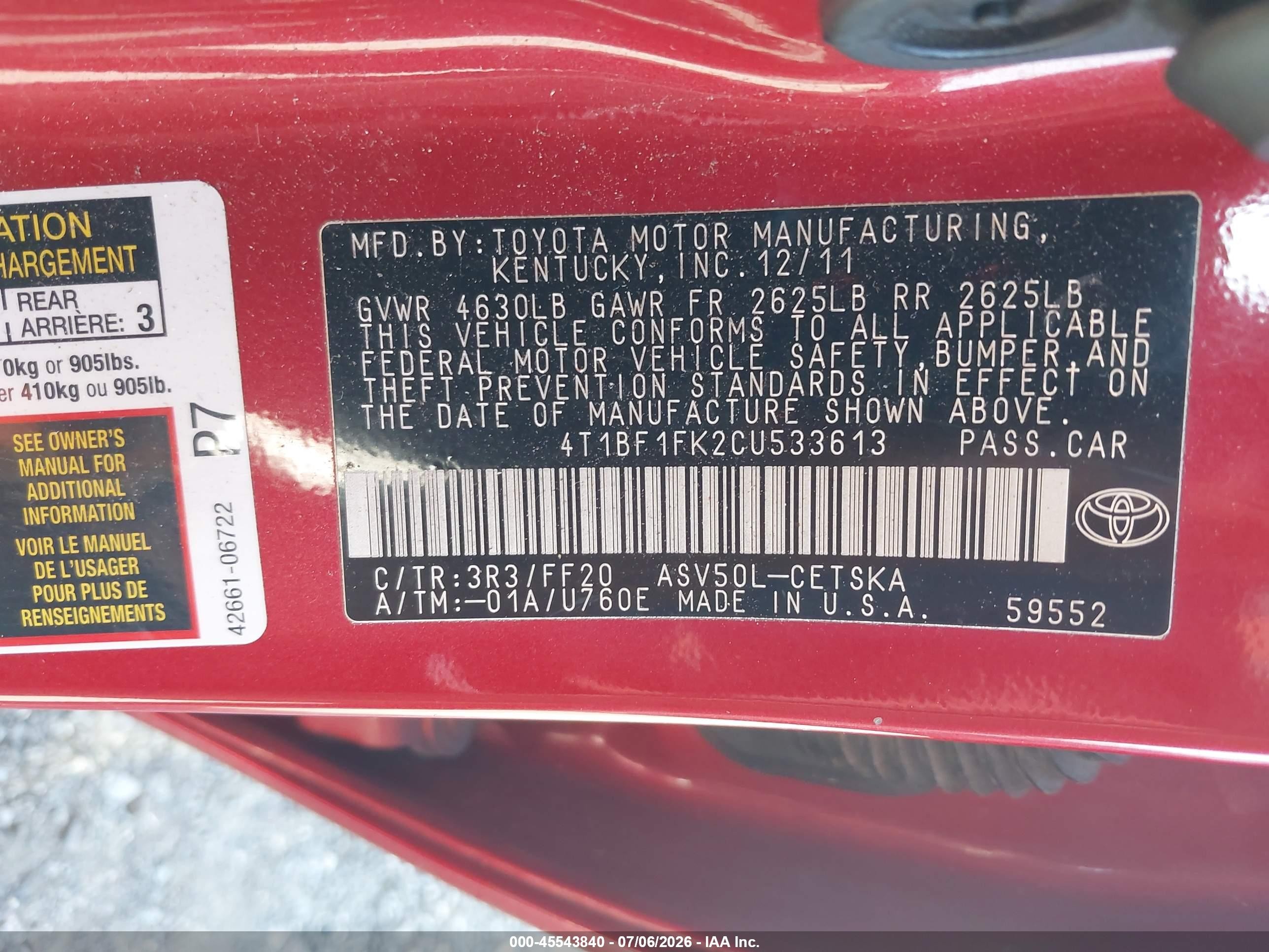 2012 Toyota Camry Se Red vin: 4T1BF1FK2CU533613