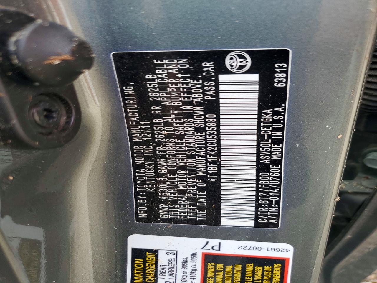 2012 Toyota Camry Xle Gray vin: 4T1BF1FK2CU535880