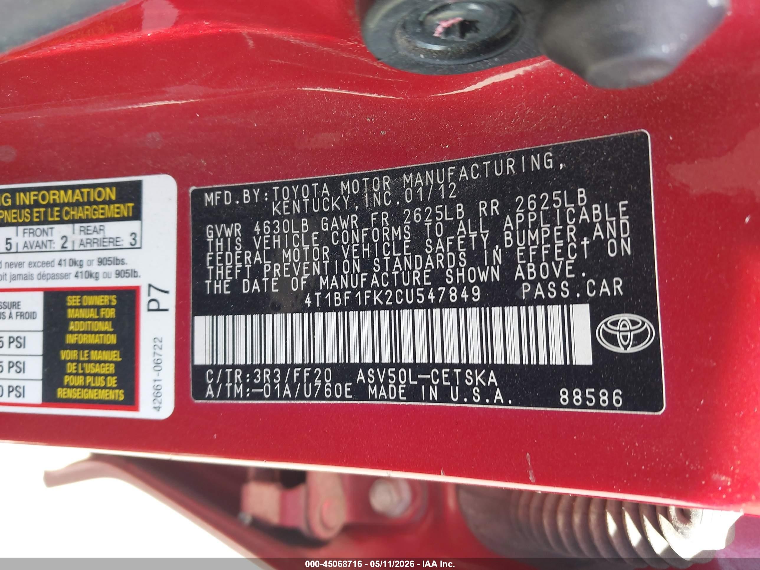 2012 Toyota Camry Se Burgundy vin: 4T1BF1FK2CU547849