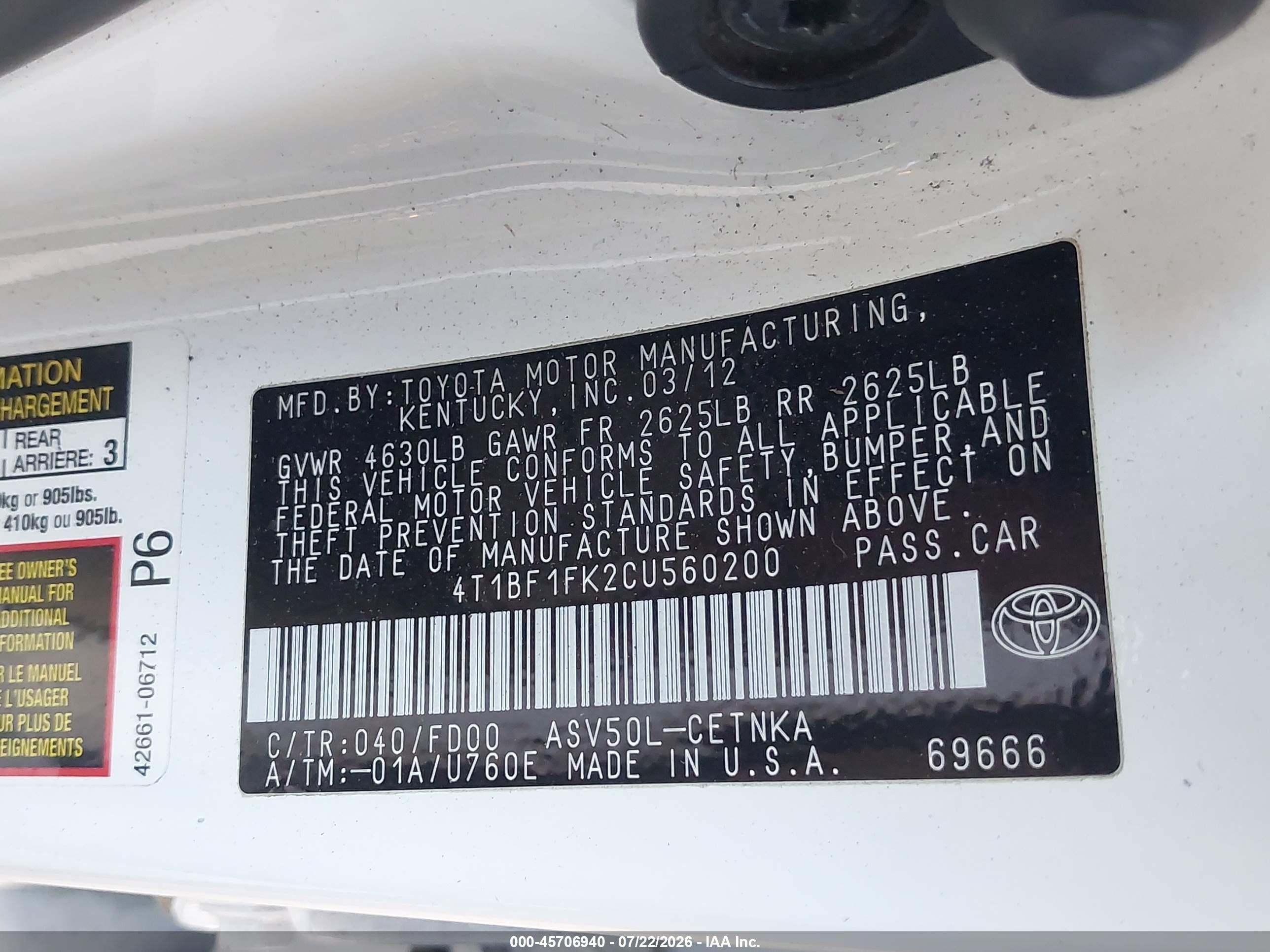 2012 Toyota Camry Le White vin: 4T1BF1FK2CU560200