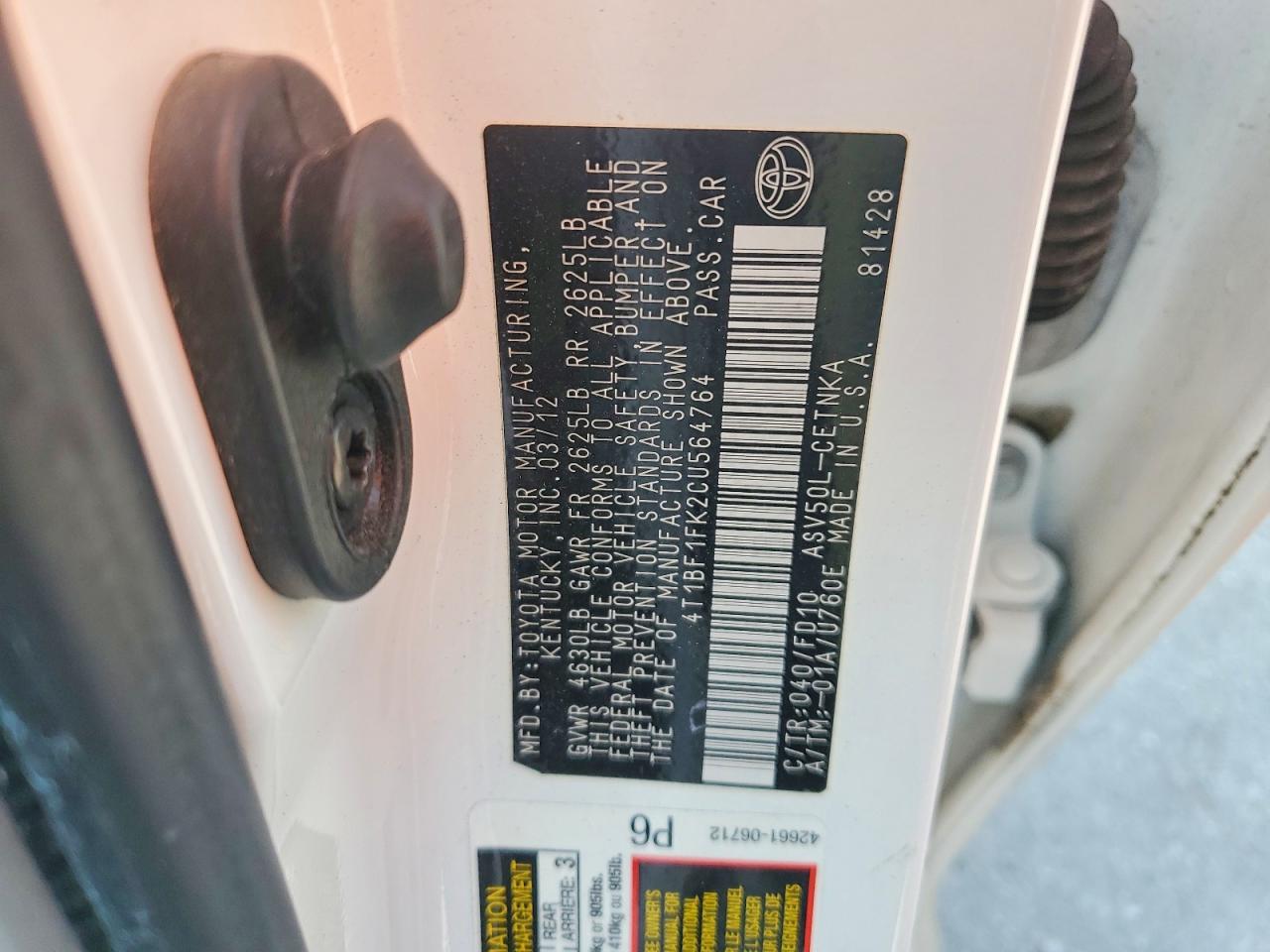 2012 Toyota Camry Le White vin: 4T1BF1FK2CU564764