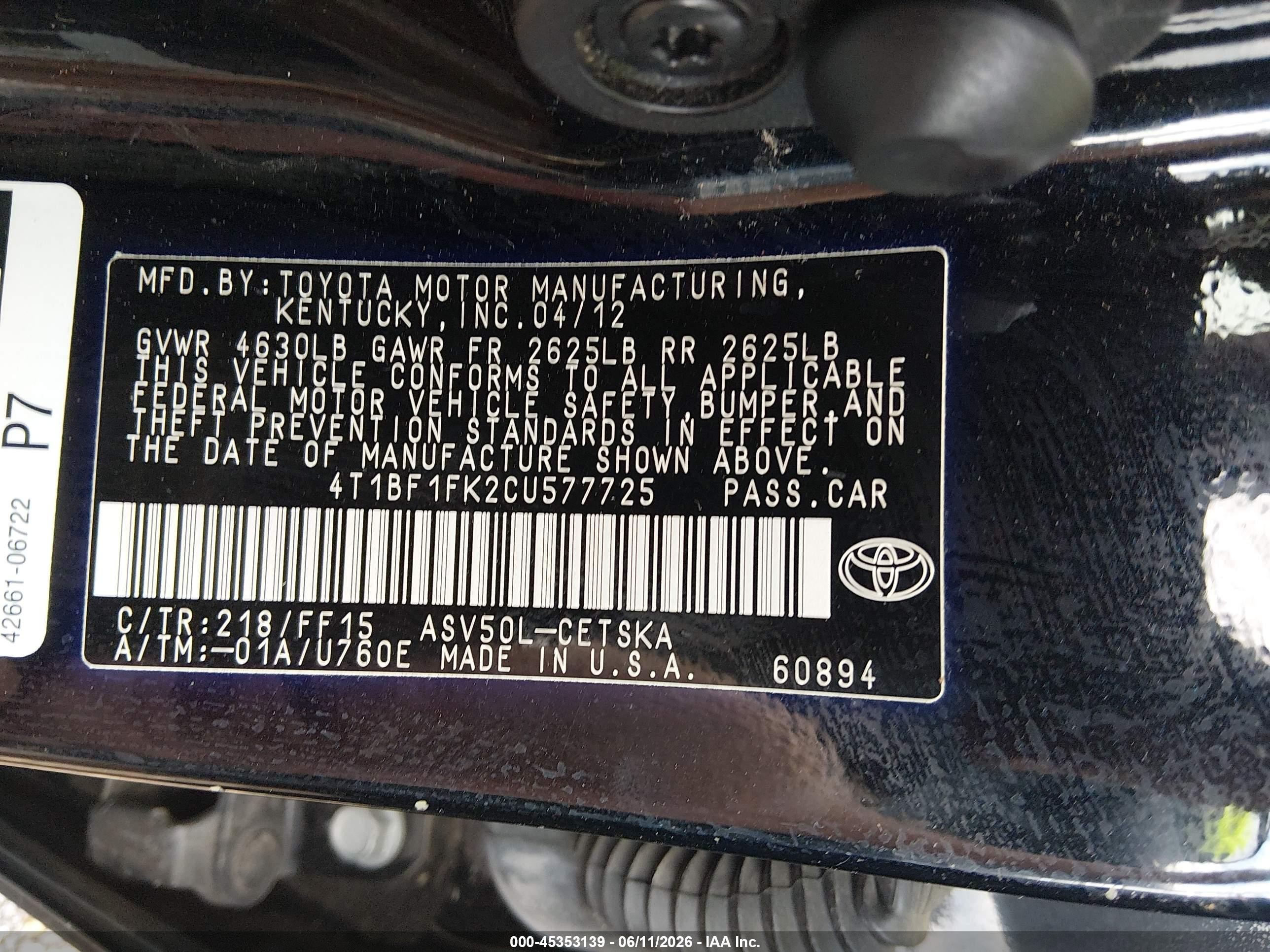 2012 Toyota Camry Se Black vin: 4T1BF1FK2CU577725