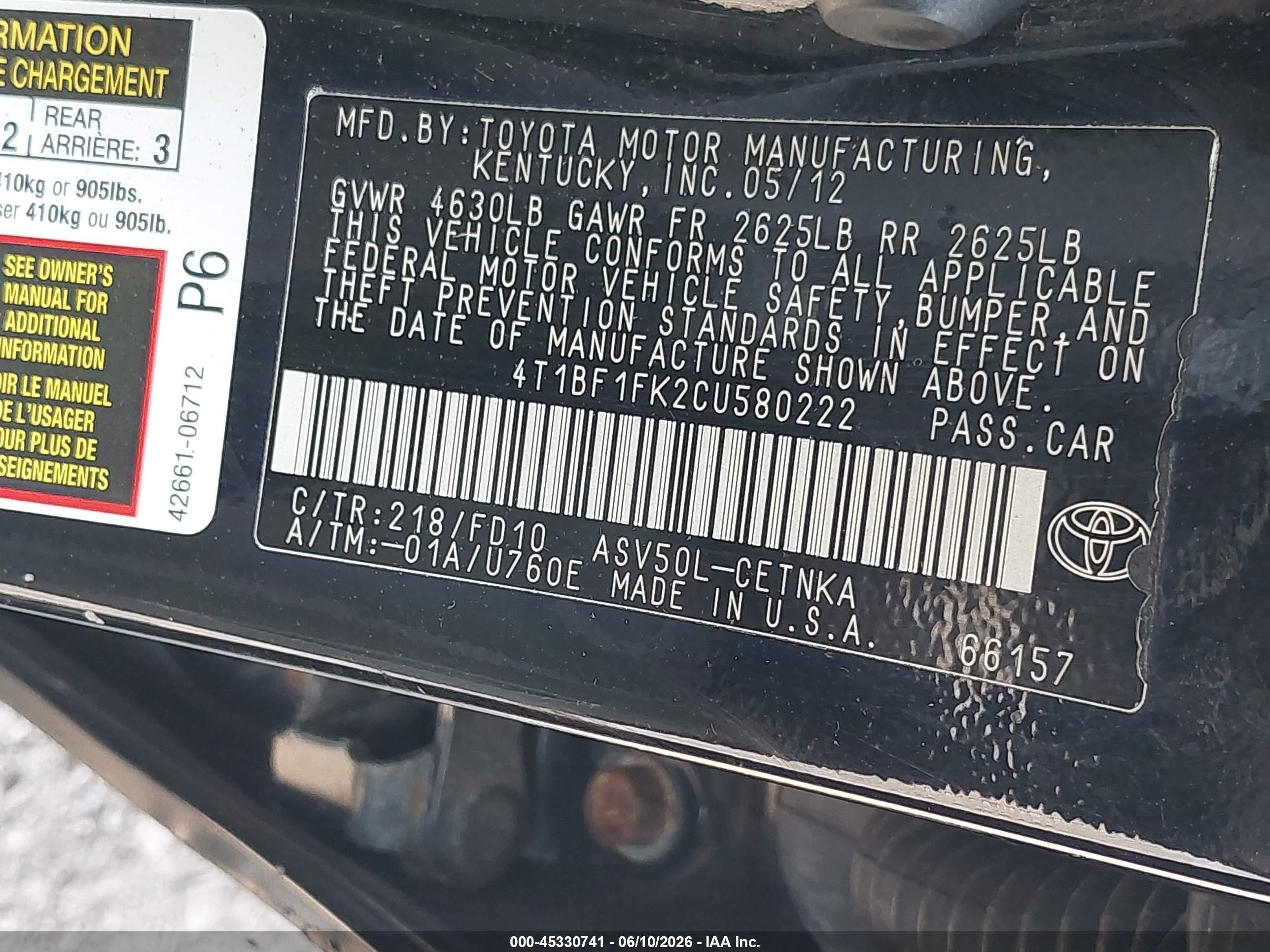 2012 Toyota Camry Le Черный vin: 4T1BF1FK2CU580222