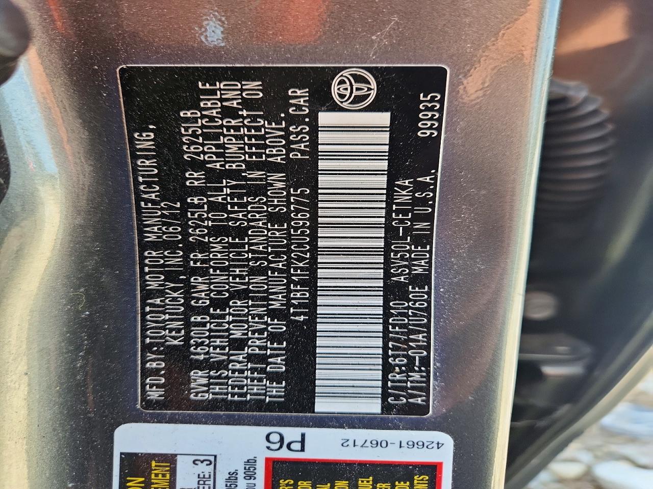 2012 Toyota Camry Le Gray vin: 4T1BF1FK2CU596775