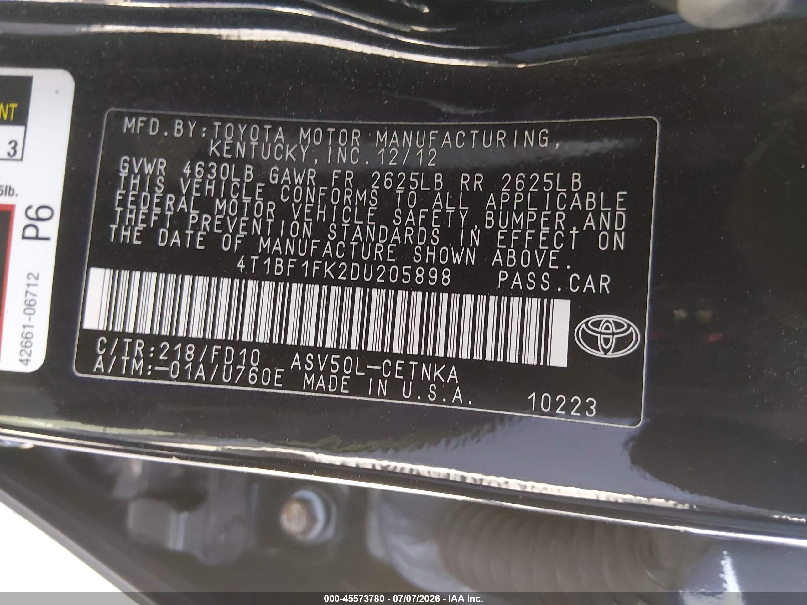 2013 Toyota Camry Le Black vin: 4T1BF1FK2DU205898