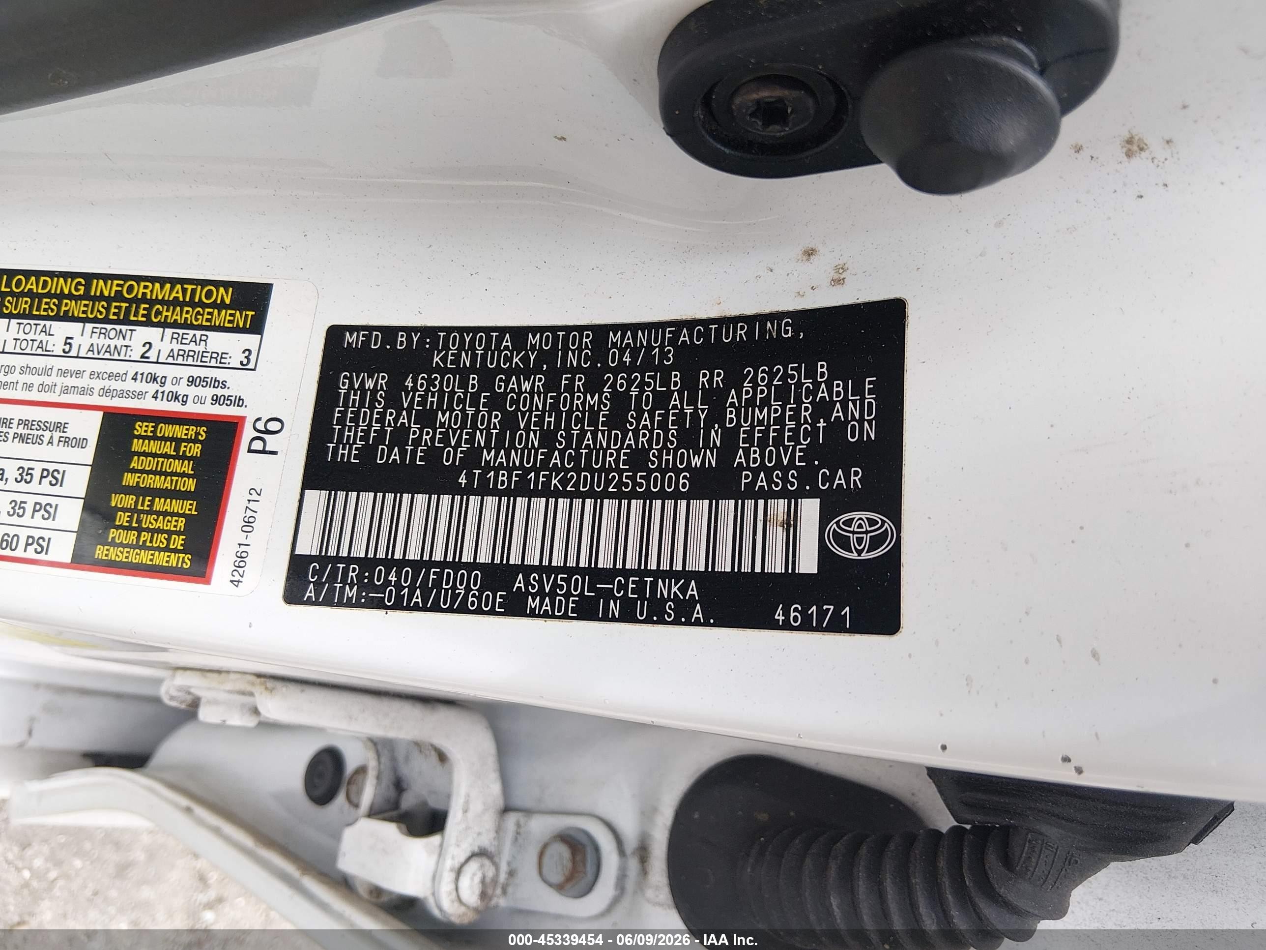 2013 Toyota Camry Le White vin: 4T1BF1FK2DU255006