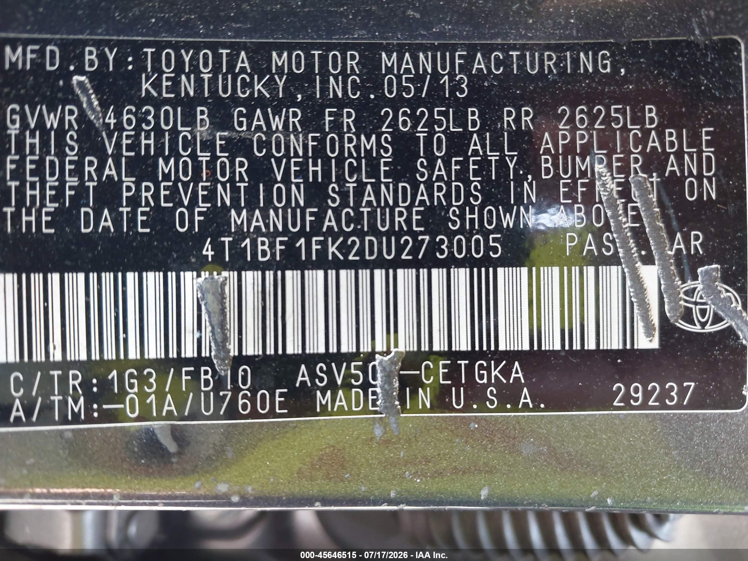 2013 Toyota Camry Xle Black vin: 4T1BF1FK2DU273005
