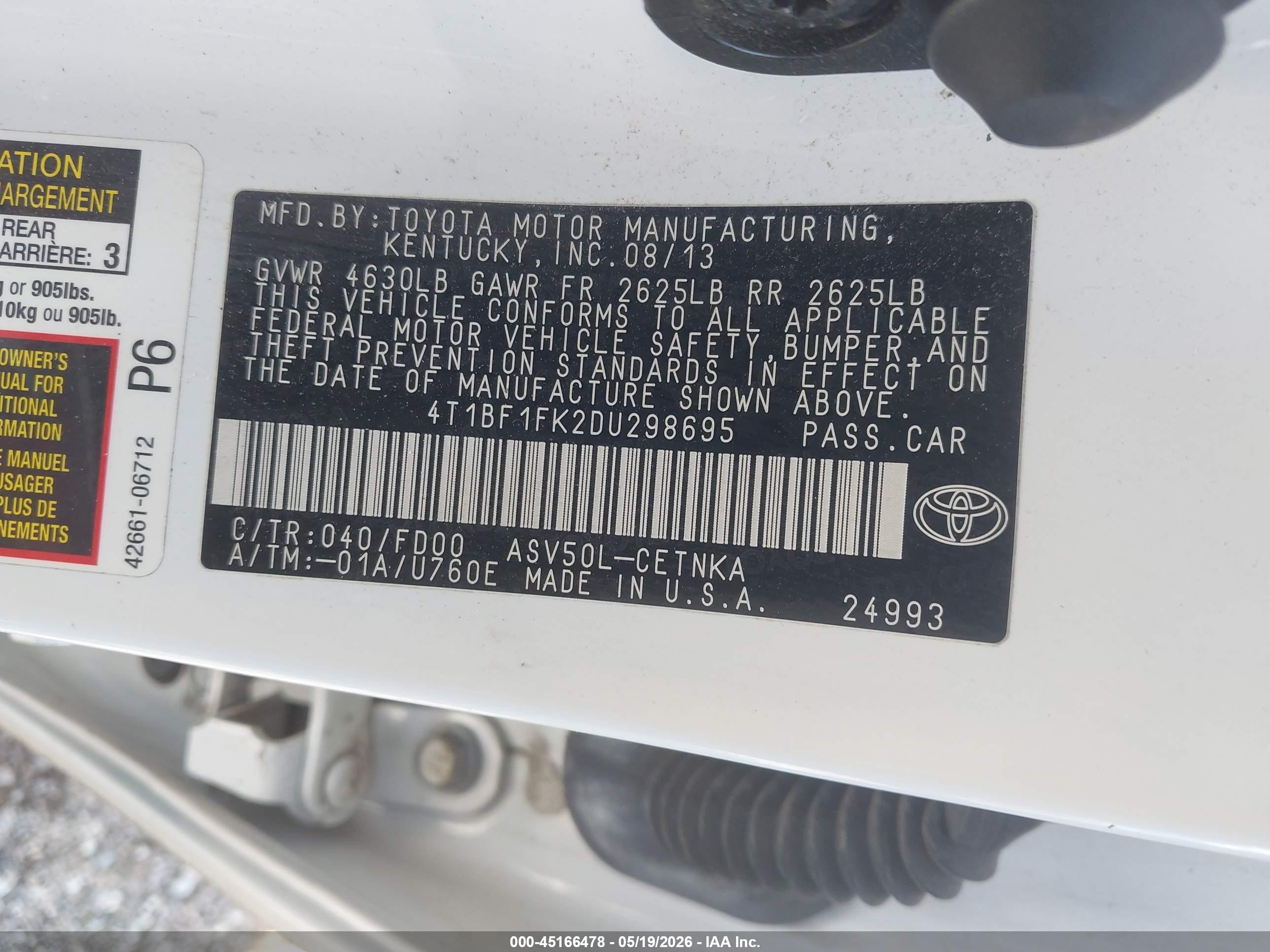 2013 Toyota Camry Le White vin: 4T1BF1FK2DU298695