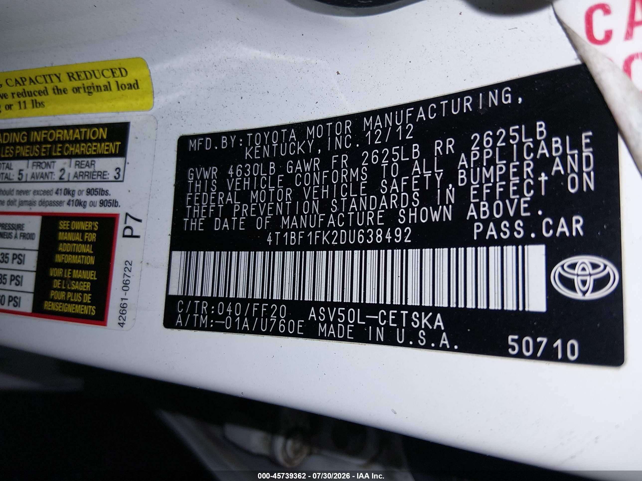 2013 Toyota Camry Se White vin: 4T1BF1FK2DU638492