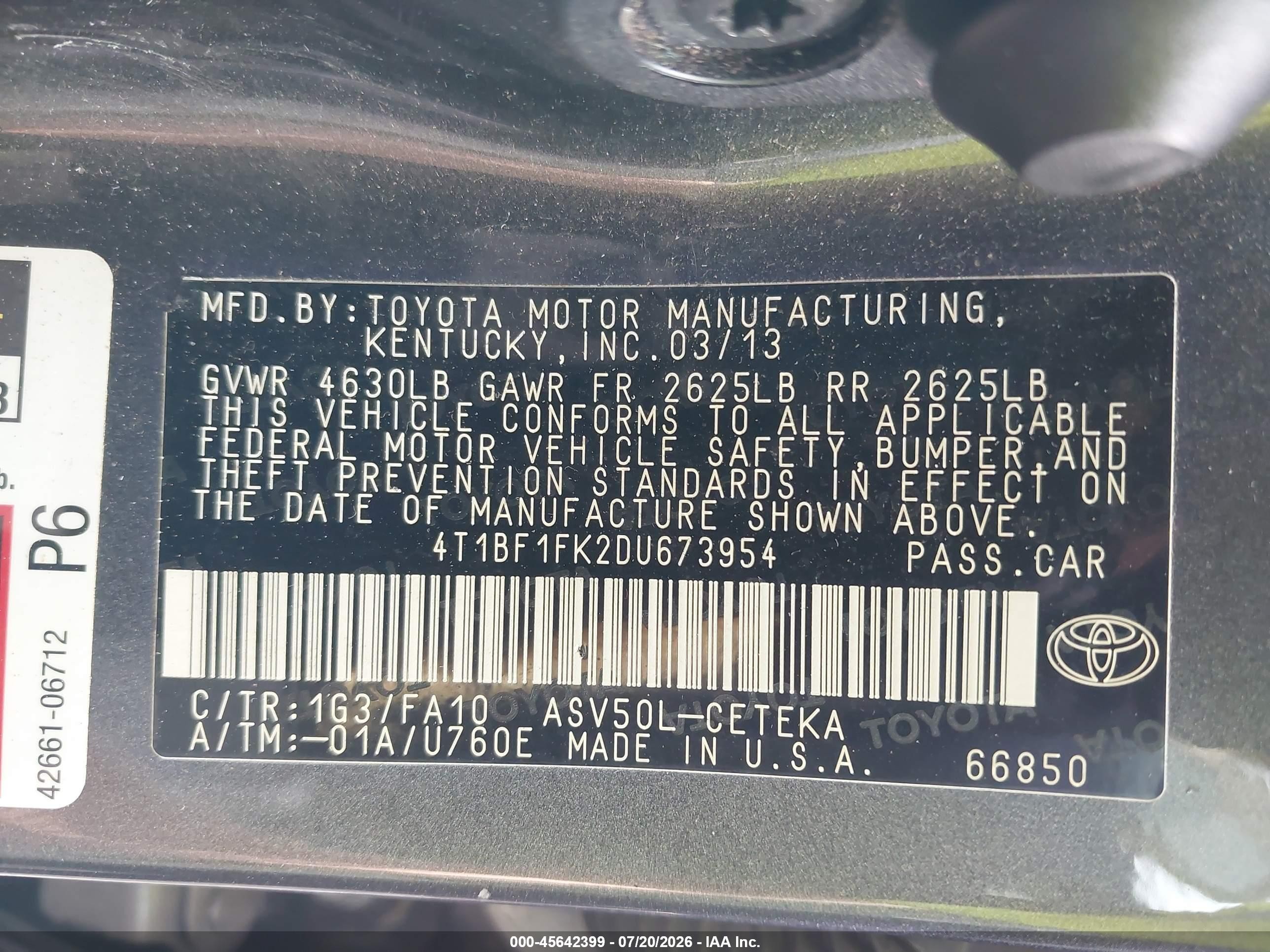 2013 Toyota Camry L Серый vin: 4T1BF1FK2DU673954
