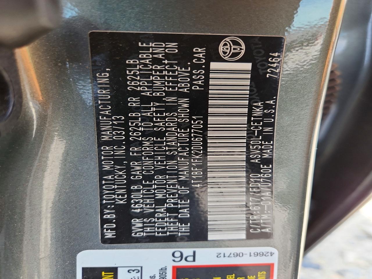2013 Toyota Camry Le Серый vin: 4T1BF1FK2DU677051