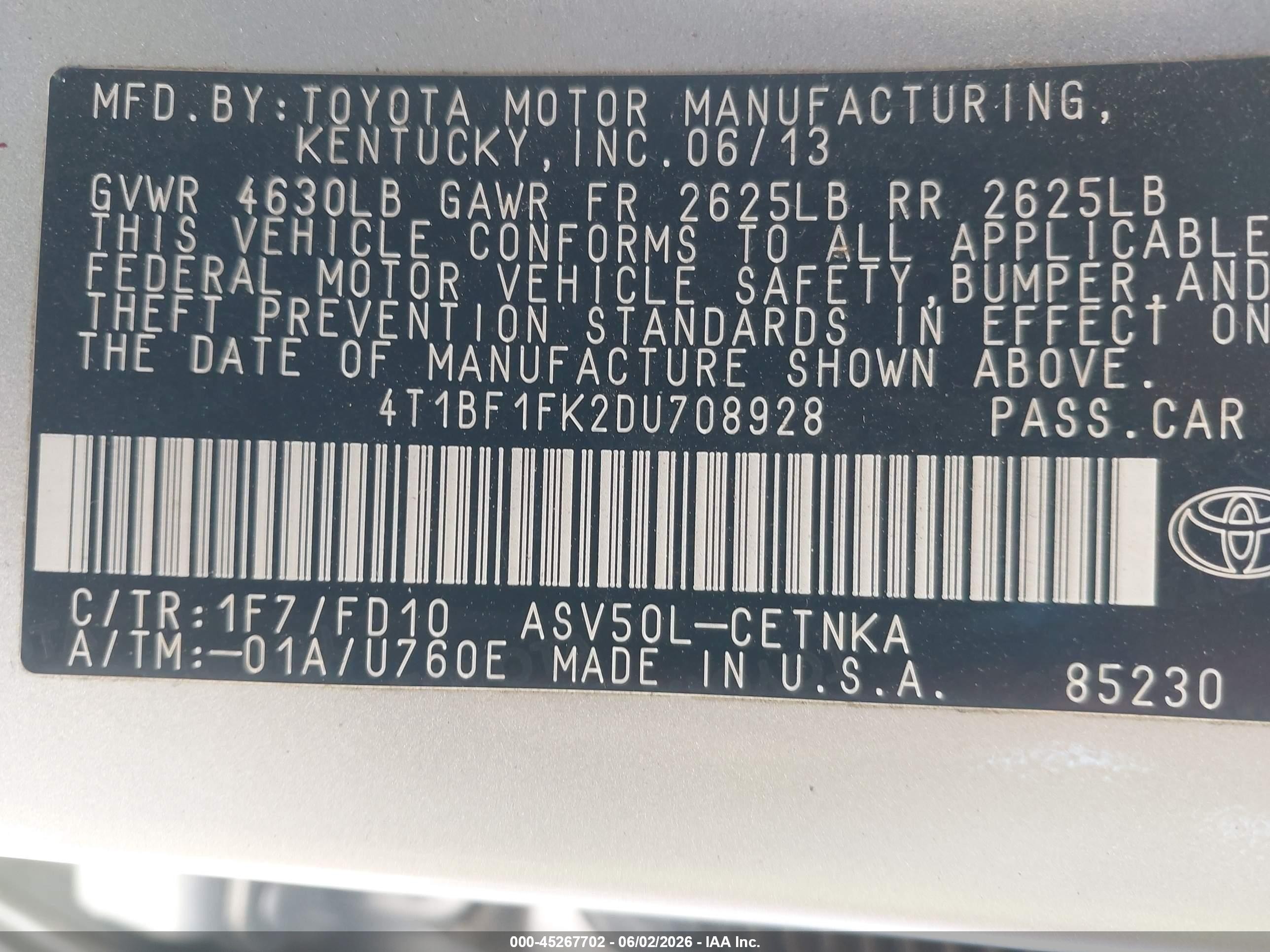 2013 Toyota Camry Le Серебряный vin: 4T1BF1FK2DU708928