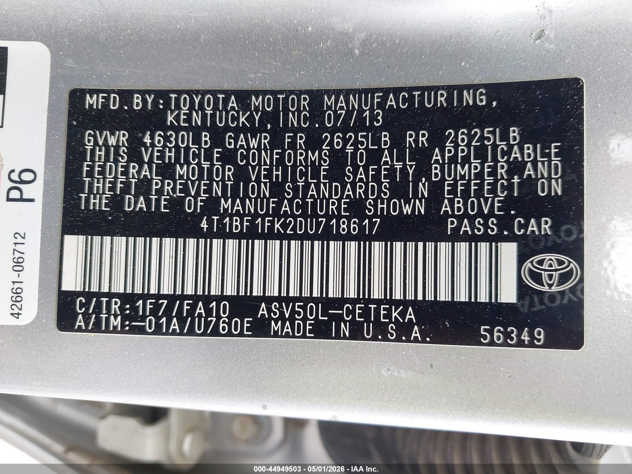 2013 Toyota Camry L Gray vin: 4T1BF1FK2DU718617