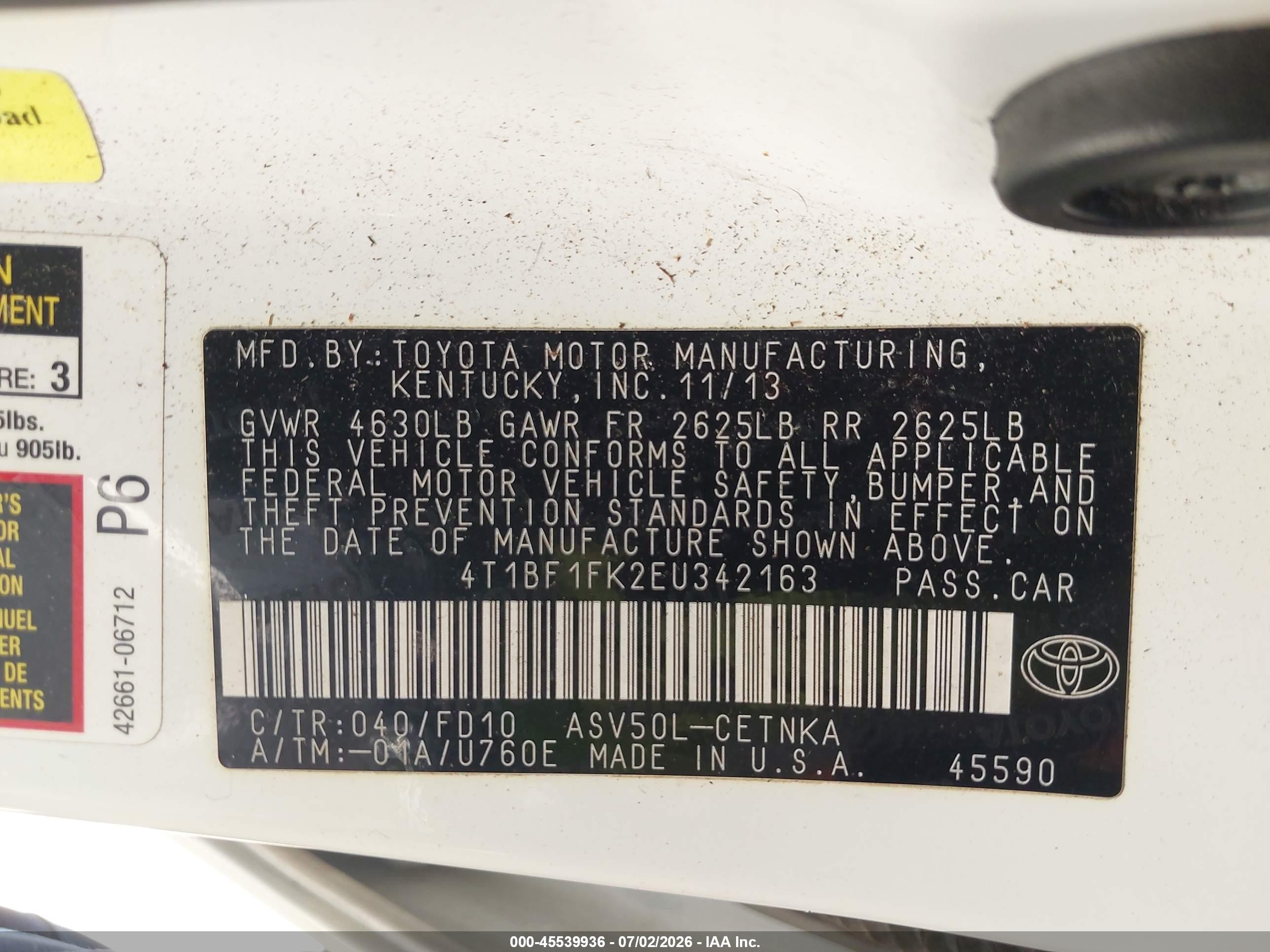 2014 Toyota Camry Le White vin: 4T1BF1FK2EU342163