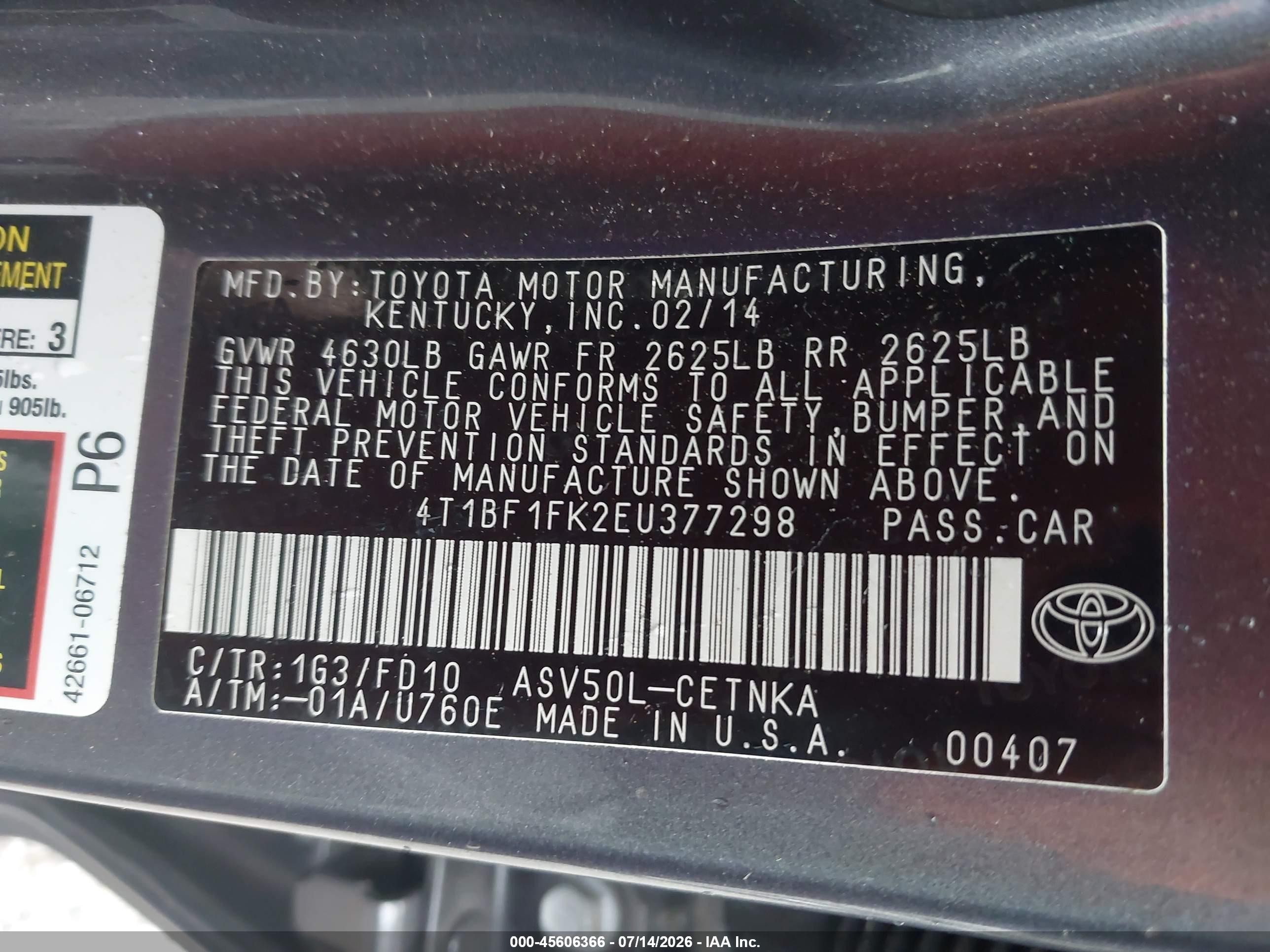 2014 Toyota Camry Le Gray vin: 4T1BF1FK2EU377298