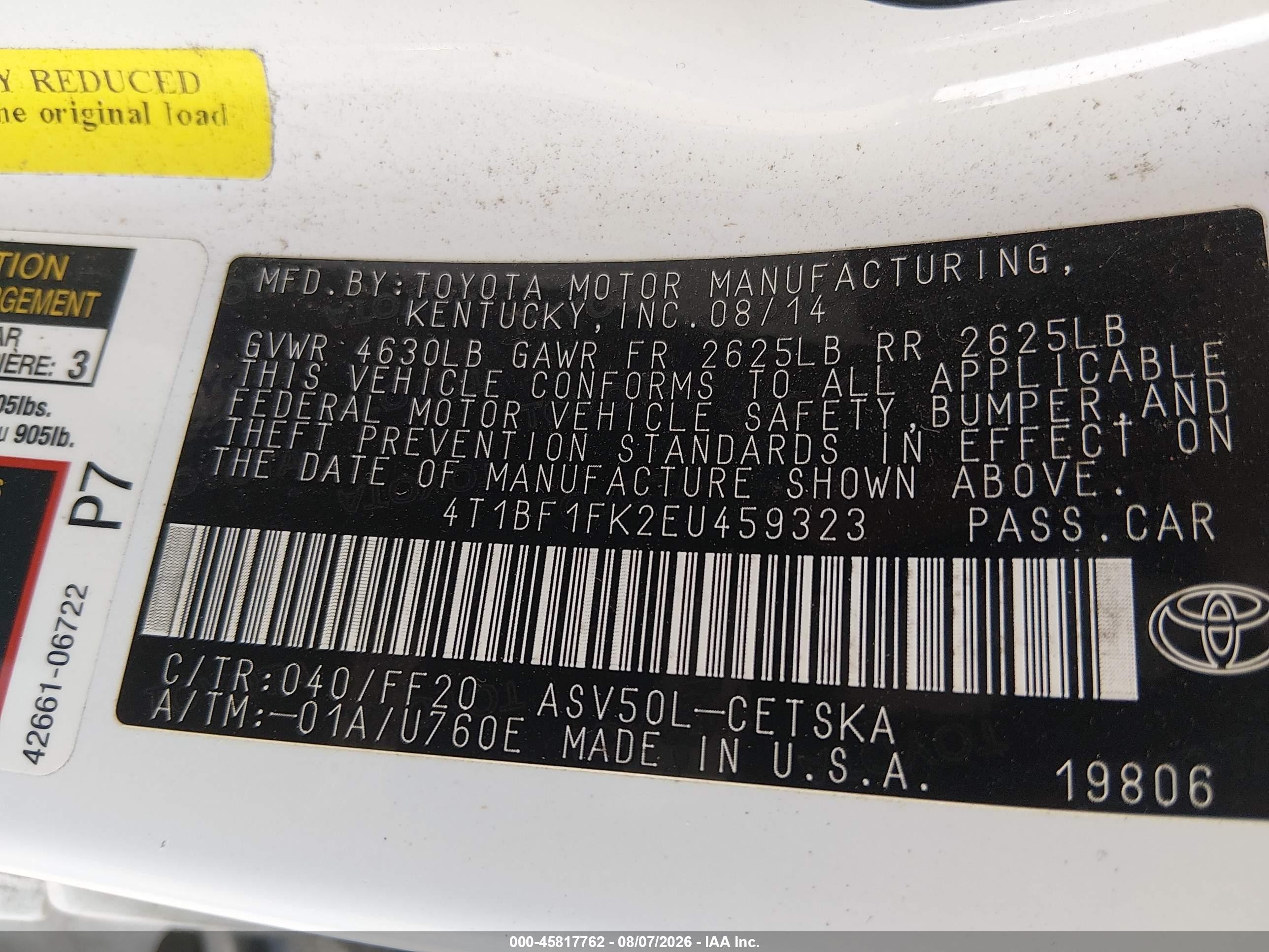 2014 Toyota Camry Se White vin: 4T1BF1FK2EU459323
