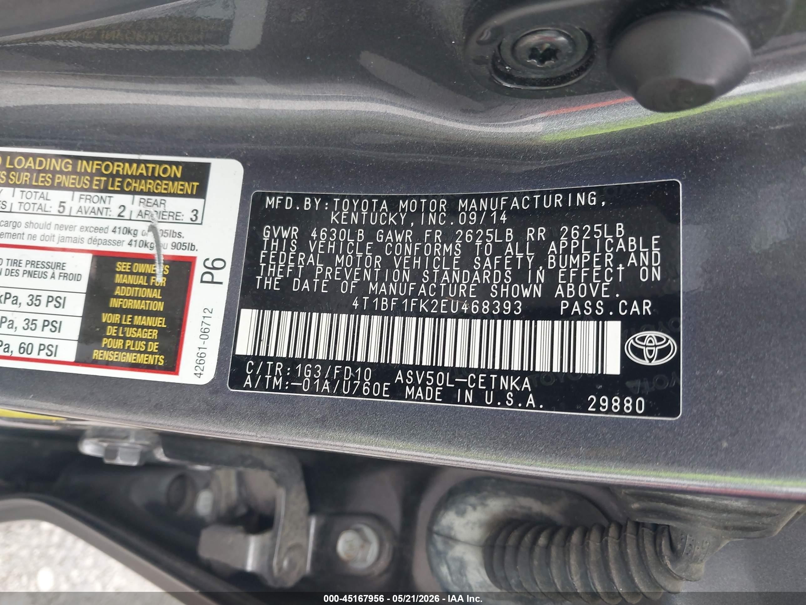 2014 Toyota Camry Le Gray vin: 4T1BF1FK2EU468393