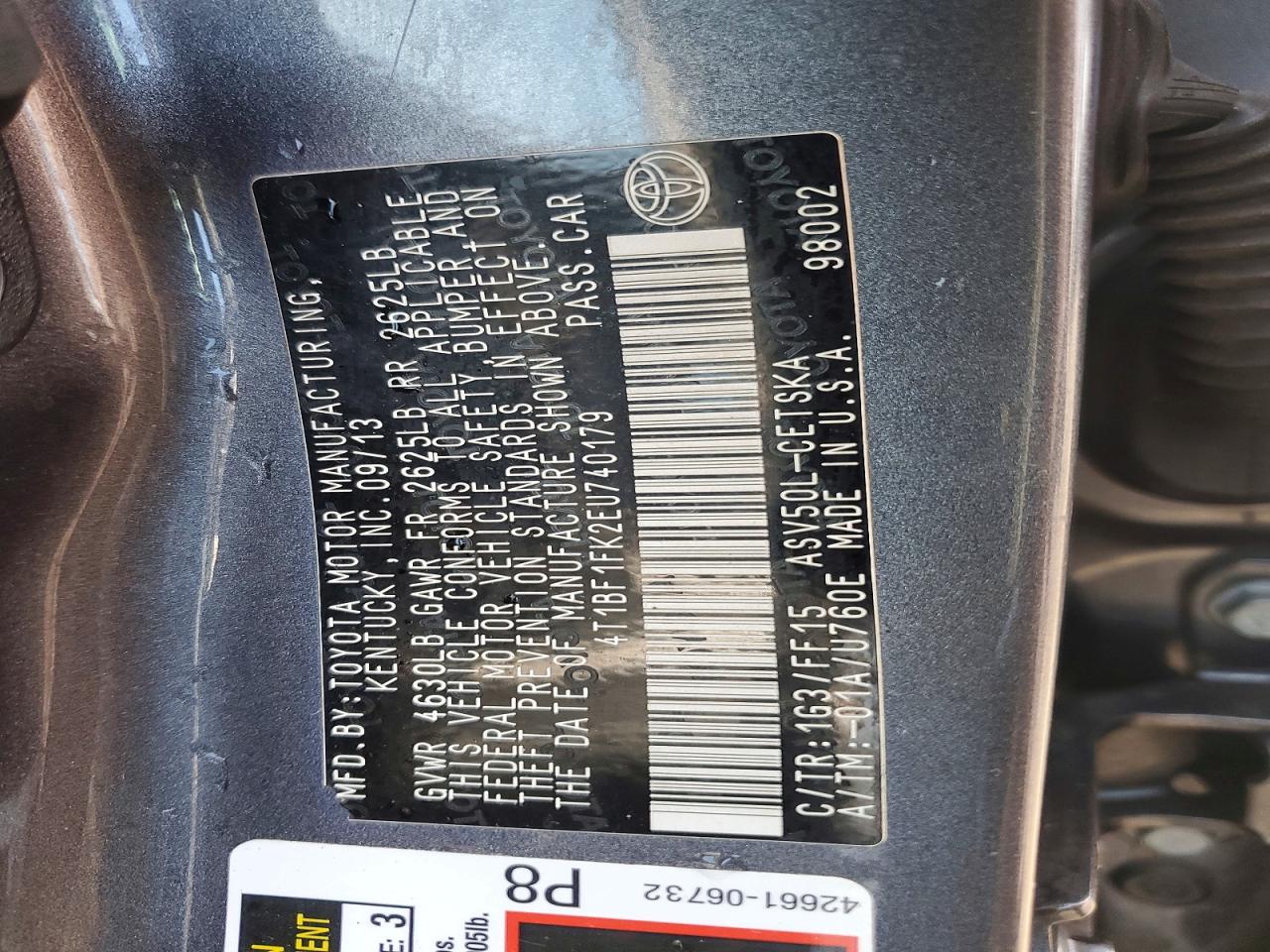 2014 Toyota Camry L Gray vin: 4T1BF1FK2EU740179