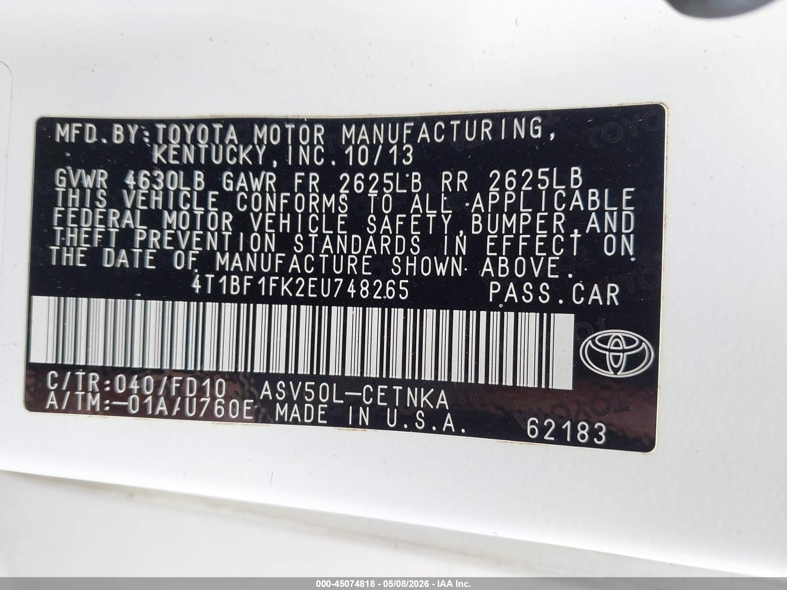 2014 Toyota Camry Le White vin: 4T1BF1FK2EU748265