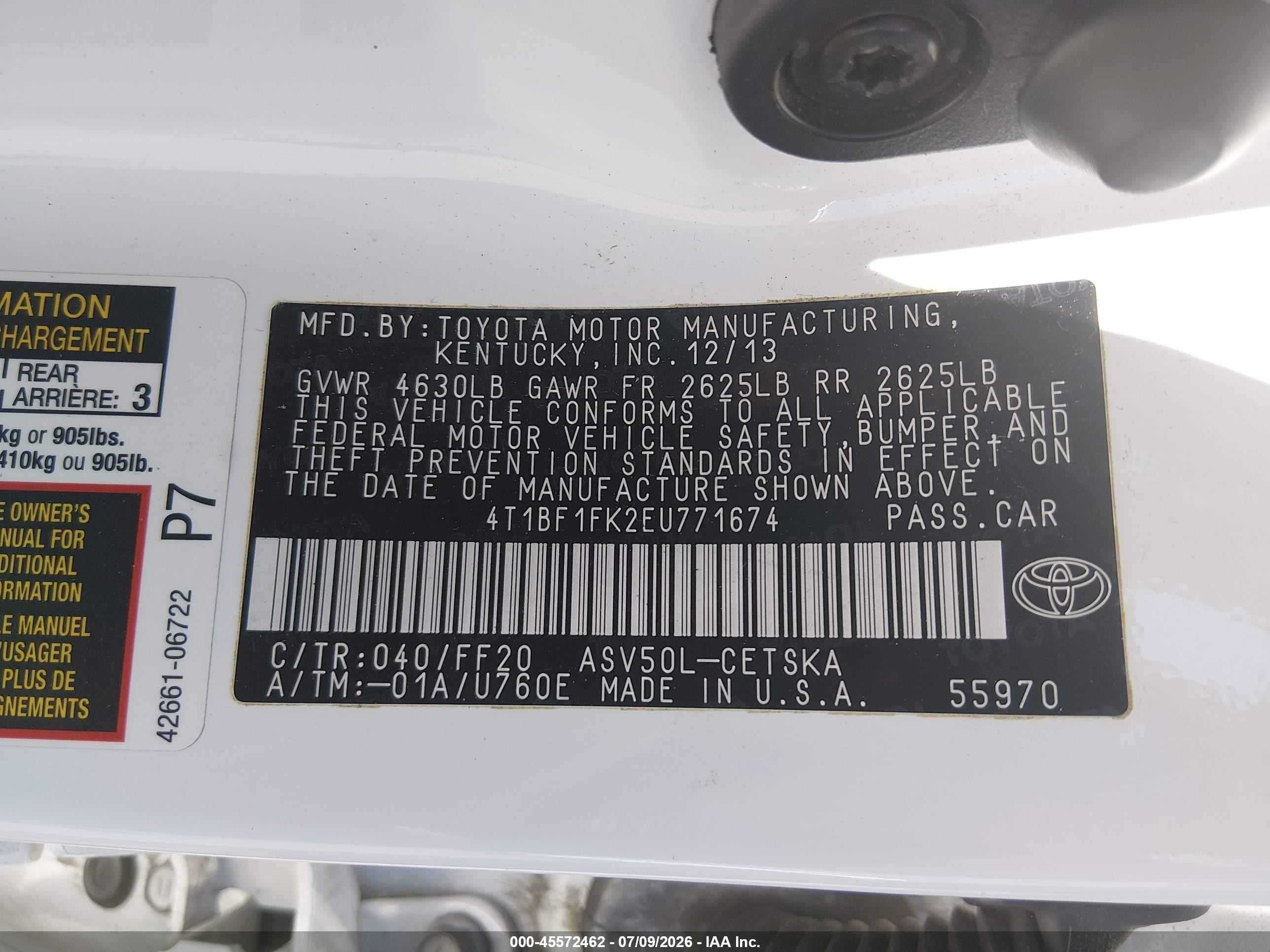 2014 Toyota Camry Se White vin: 4T1BF1FK2EU771674