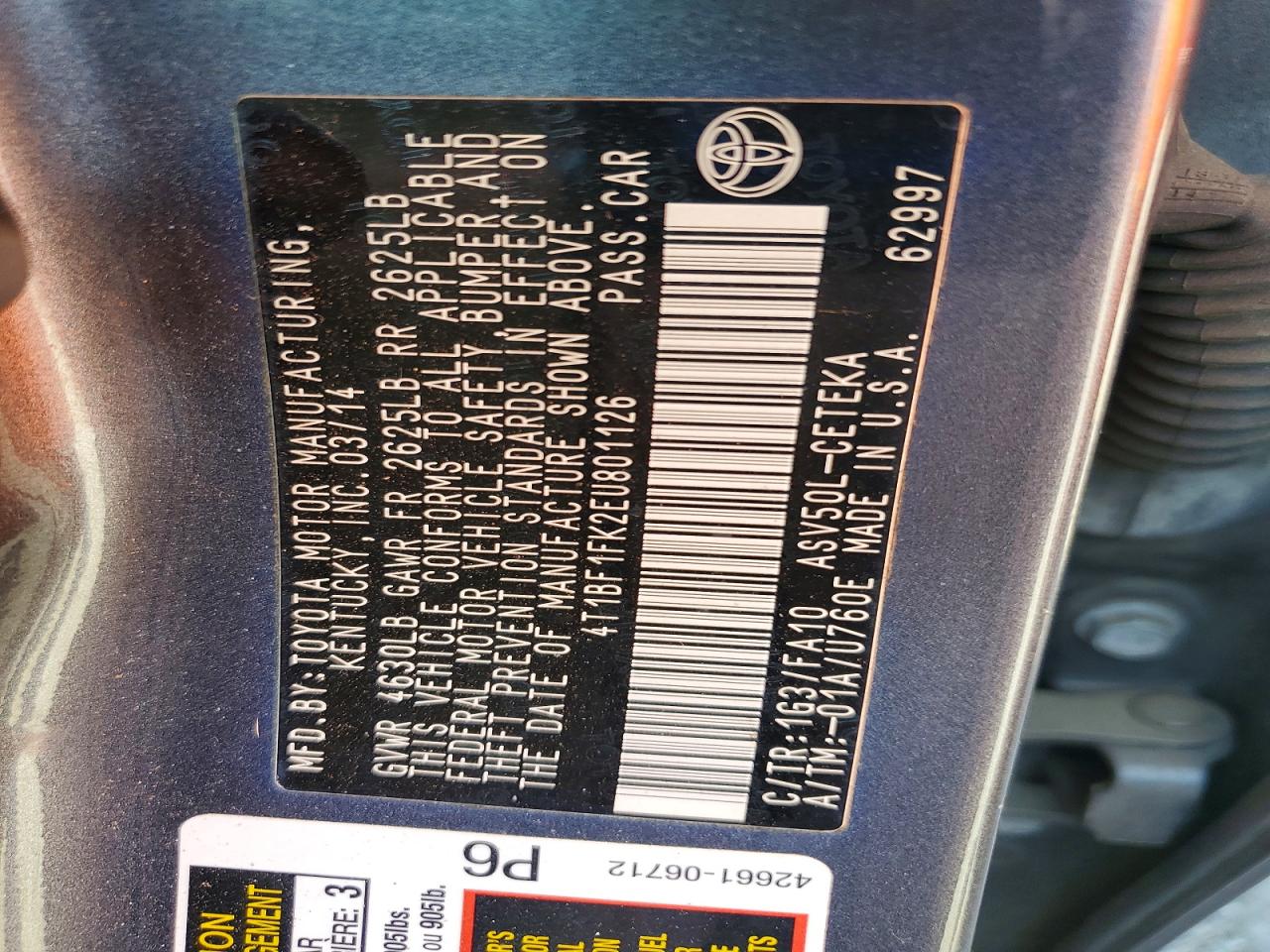 2014 Toyota Camry L Gray vin: 4T1BF1FK2EU801126