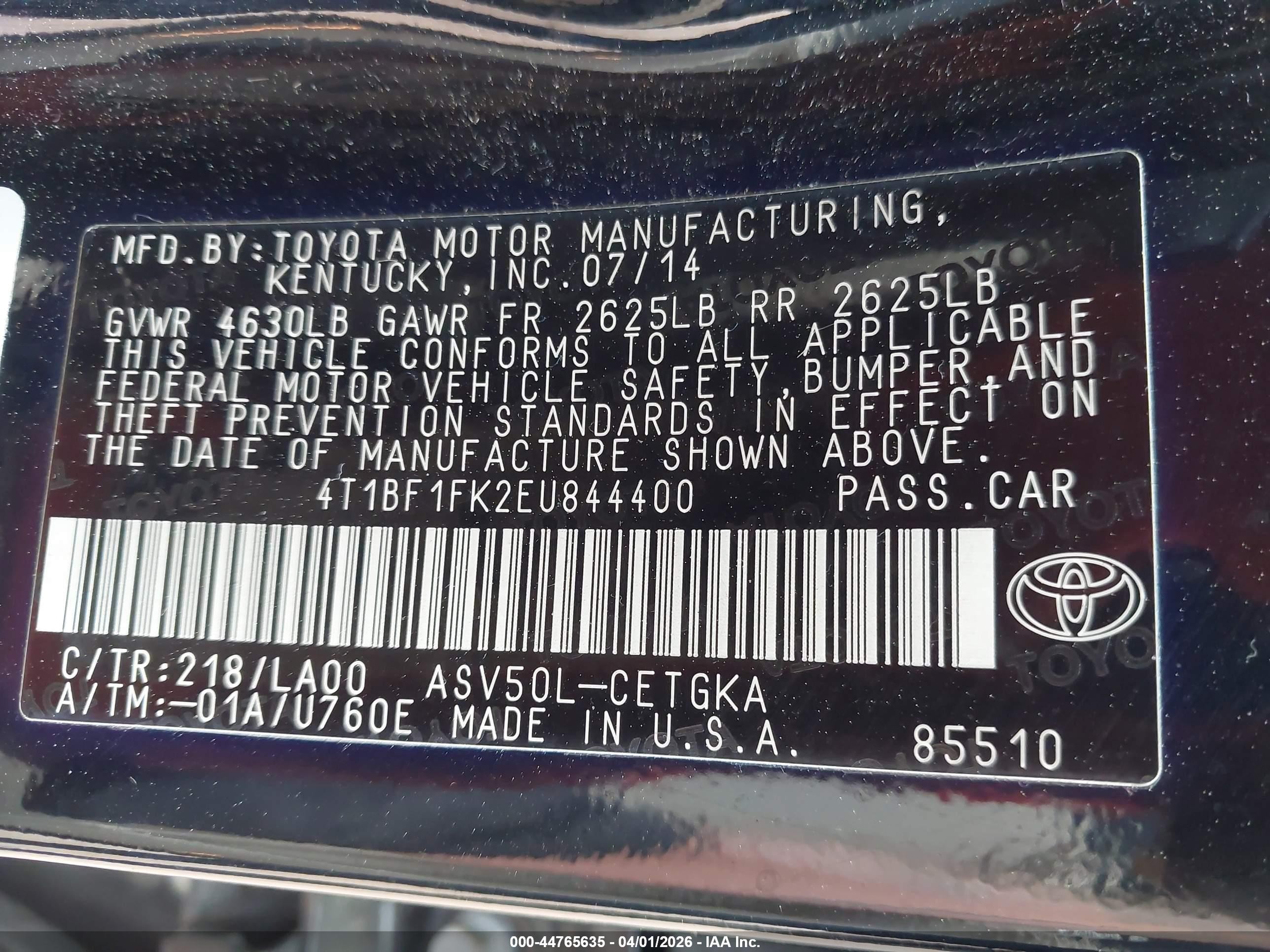 2014 Toyota Camry Xle Black vin: 4T1BF1FK2EU844400