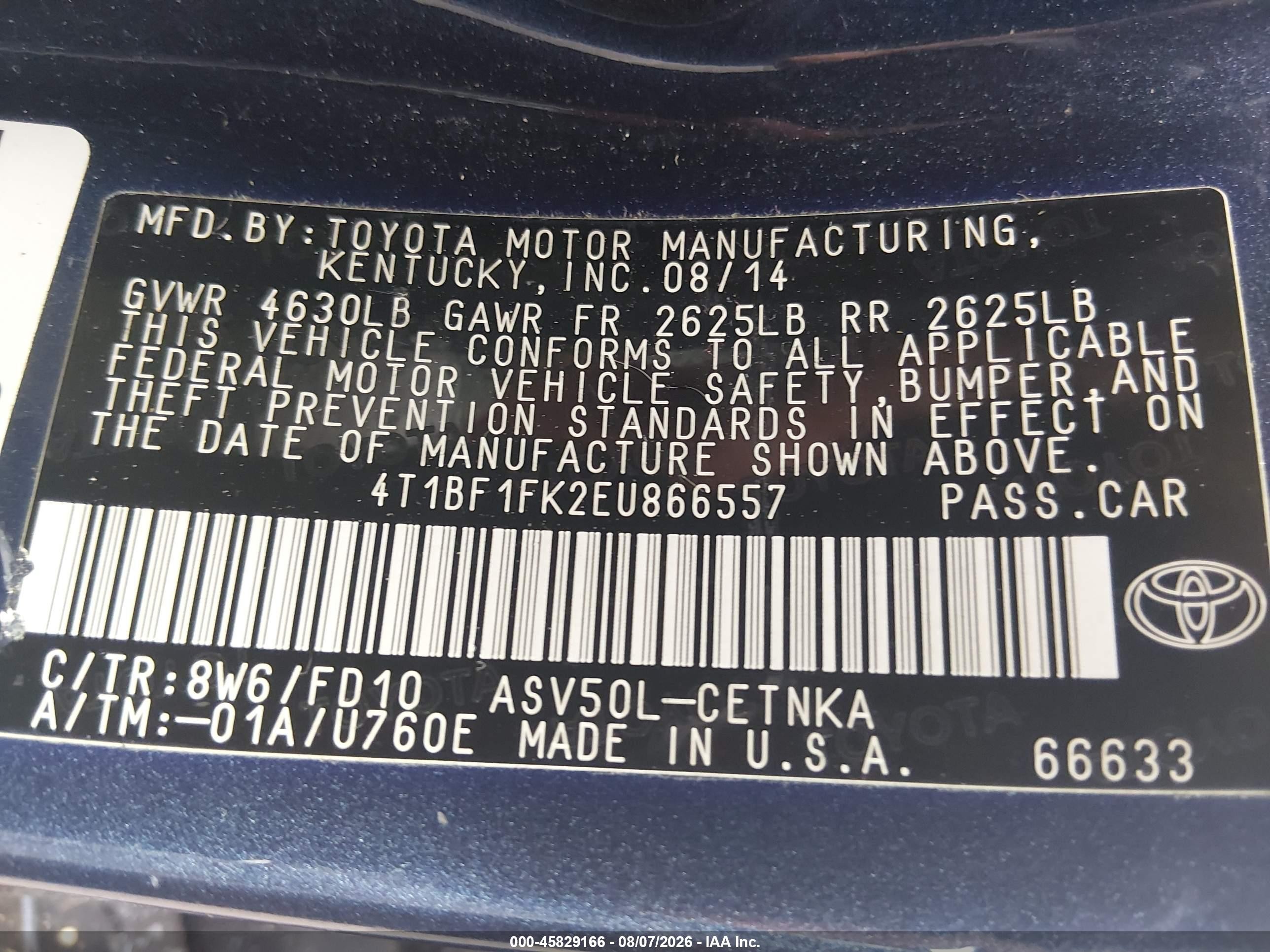 2014 Toyota Camry Le Blue vin: 4T1BF1FK2EU866557