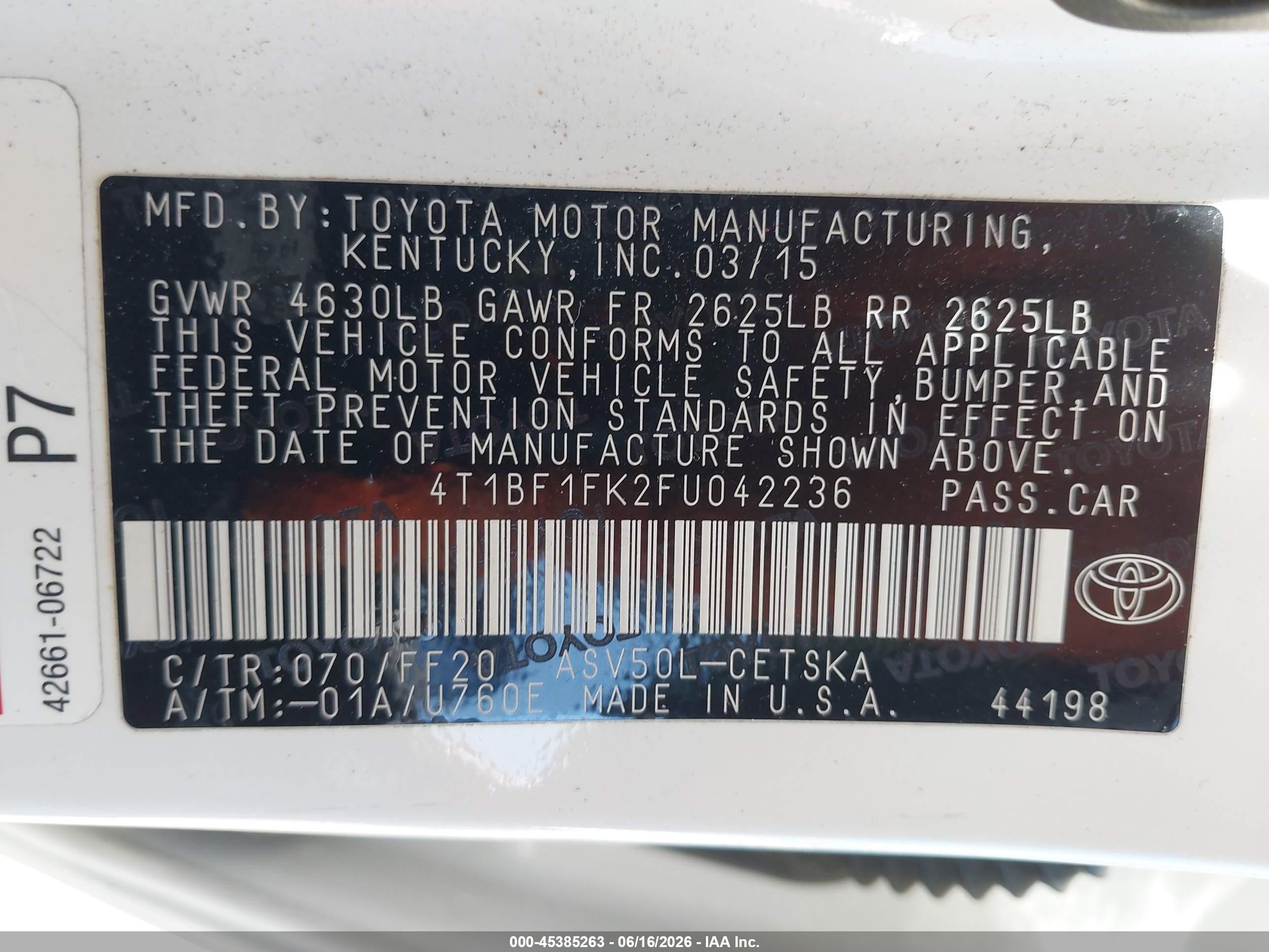 2015 Toyota Camry Se White vin: 4T1BF1FK2FU042236
