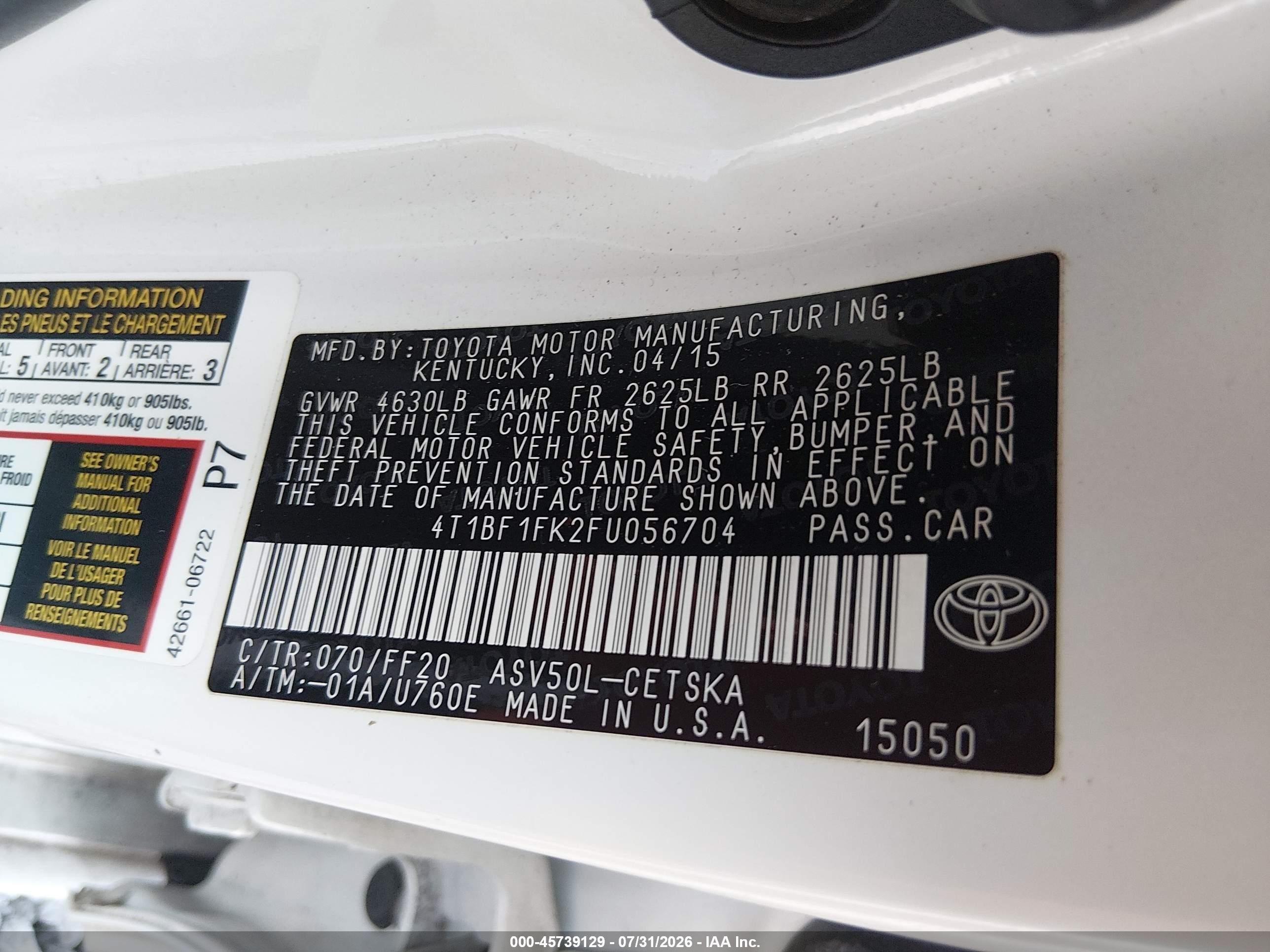 2015 Toyota Camry Se Белый vin: 4T1BF1FK2FU056704