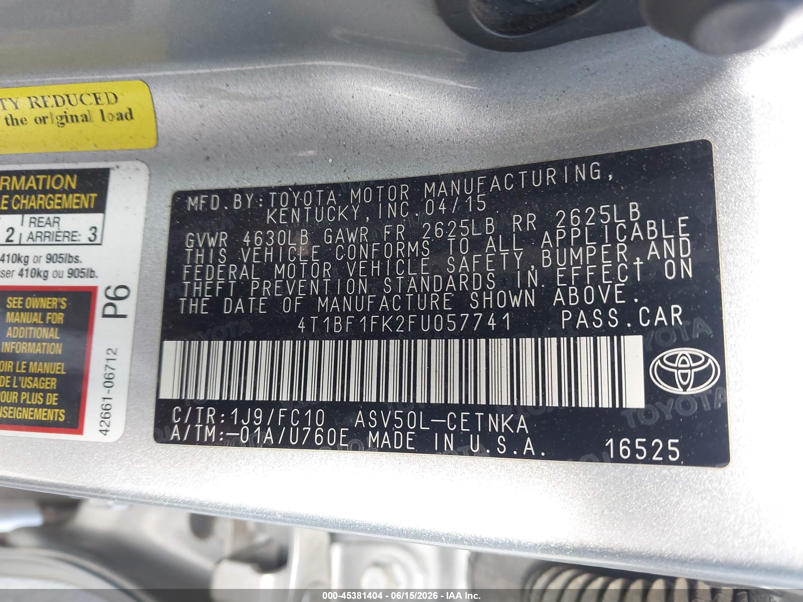 2015 Toyota Camry Le Silver vin: 4T1BF1FK2FU057741