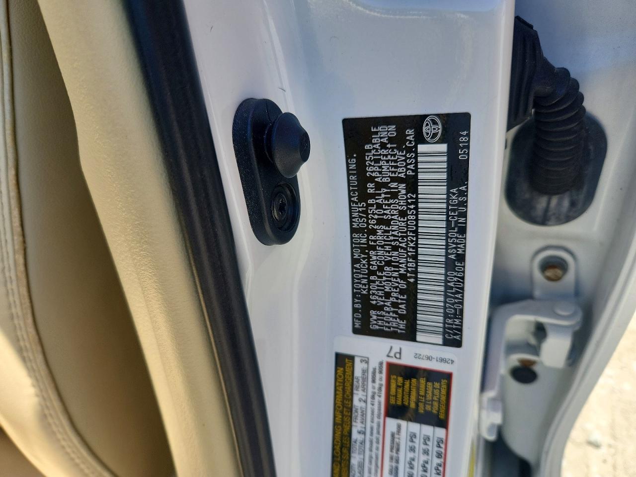 2015 Toyota Camry Xle White vin: 4T1BF1FK2FU085412